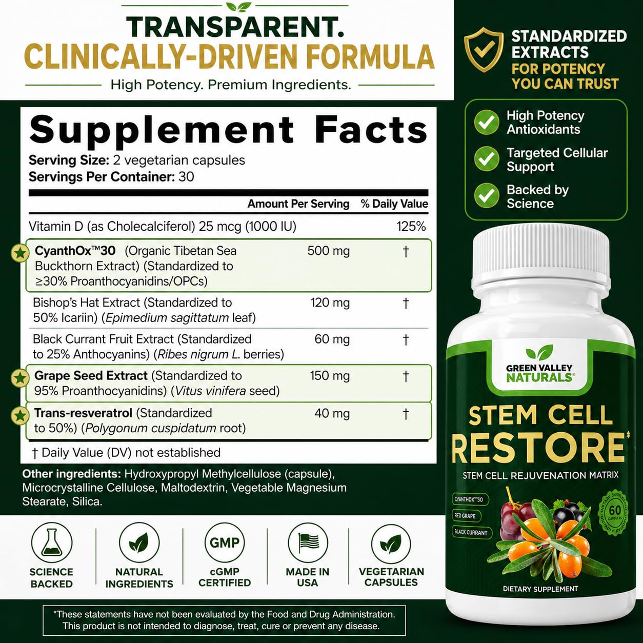 Green Valley Naturals Stem Cell Restore – Cellular Health Support Supplement with CYANTHOX™30, Sea Buckthorn, Black Currant, Grape Seed & Resveratrol, 60 Capsules