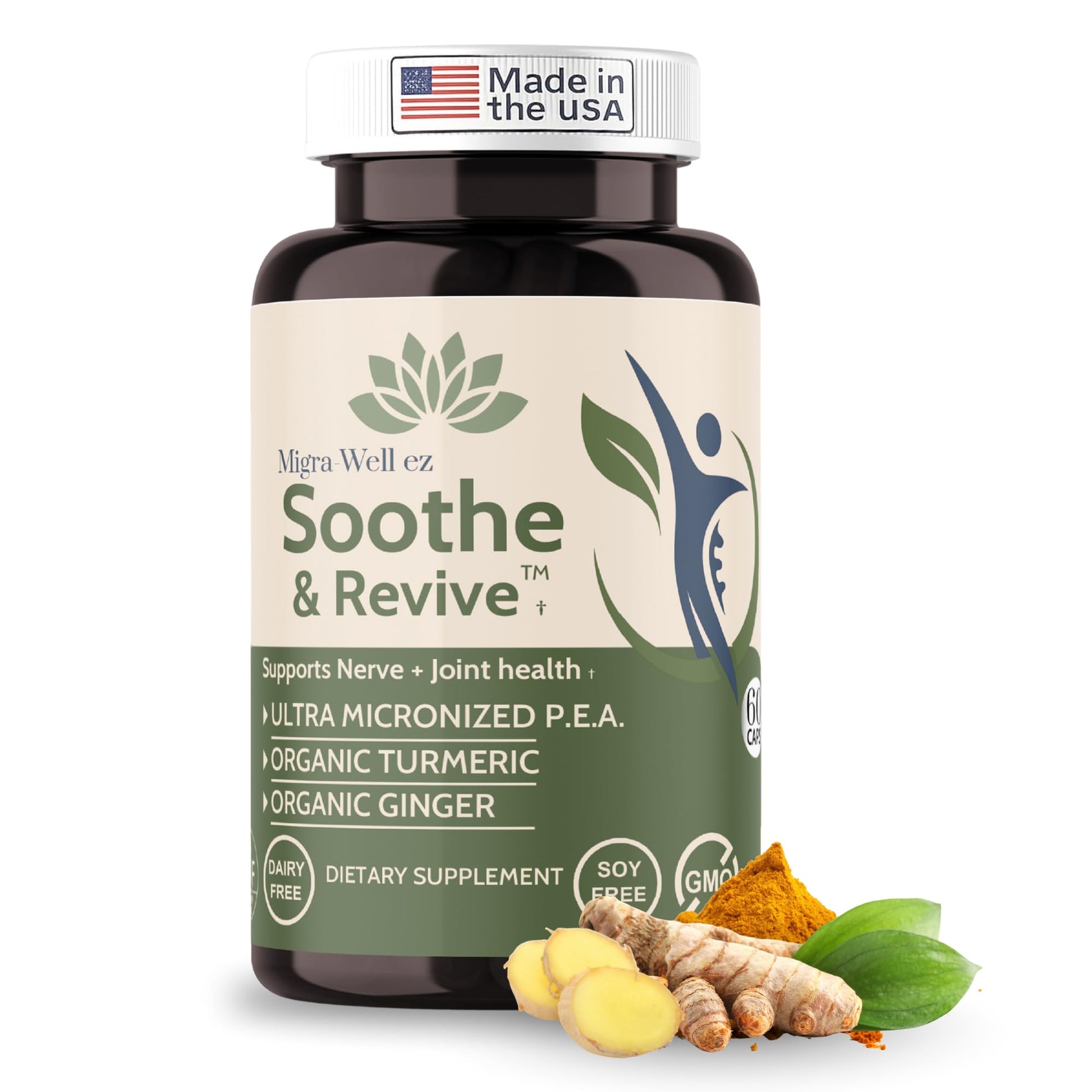 Wellkasa Soothe & Revive Ultra-Micronized PEA (Palmitoylethanolamide) 600mg with Organic Turmeric & Ginger, Nerve Support & Joint Health Supplement for Men & Women, Non-GMO, Gluten-Free, 60 Capsules