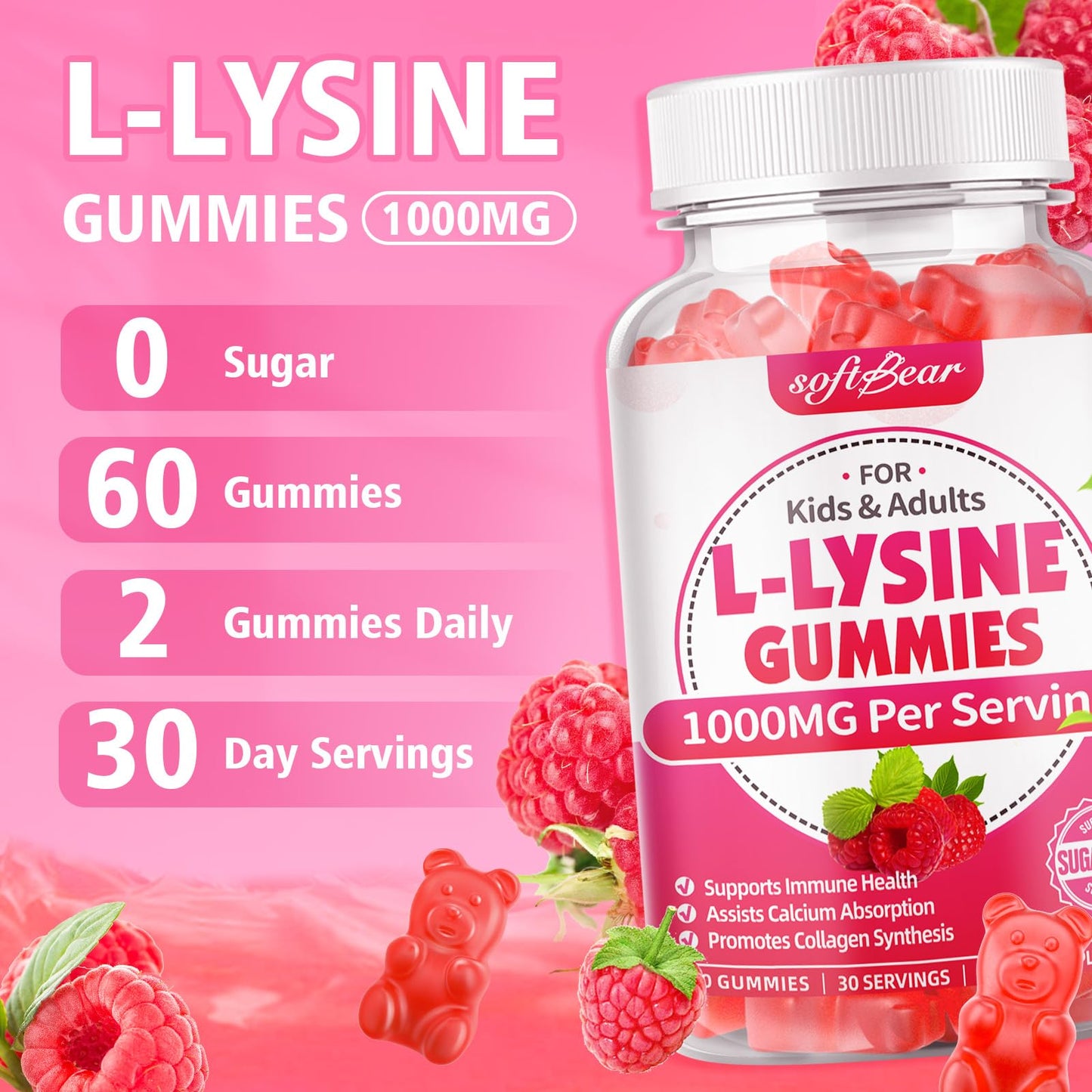 softbear L-Lysine Gummies 1000mg Chewable Lysine Supplement for Lips & Oral Health, Immune & Collagen Support, Vegan, Non-GMO, Gluten-Free, Raspberry Flavor, 120 Count