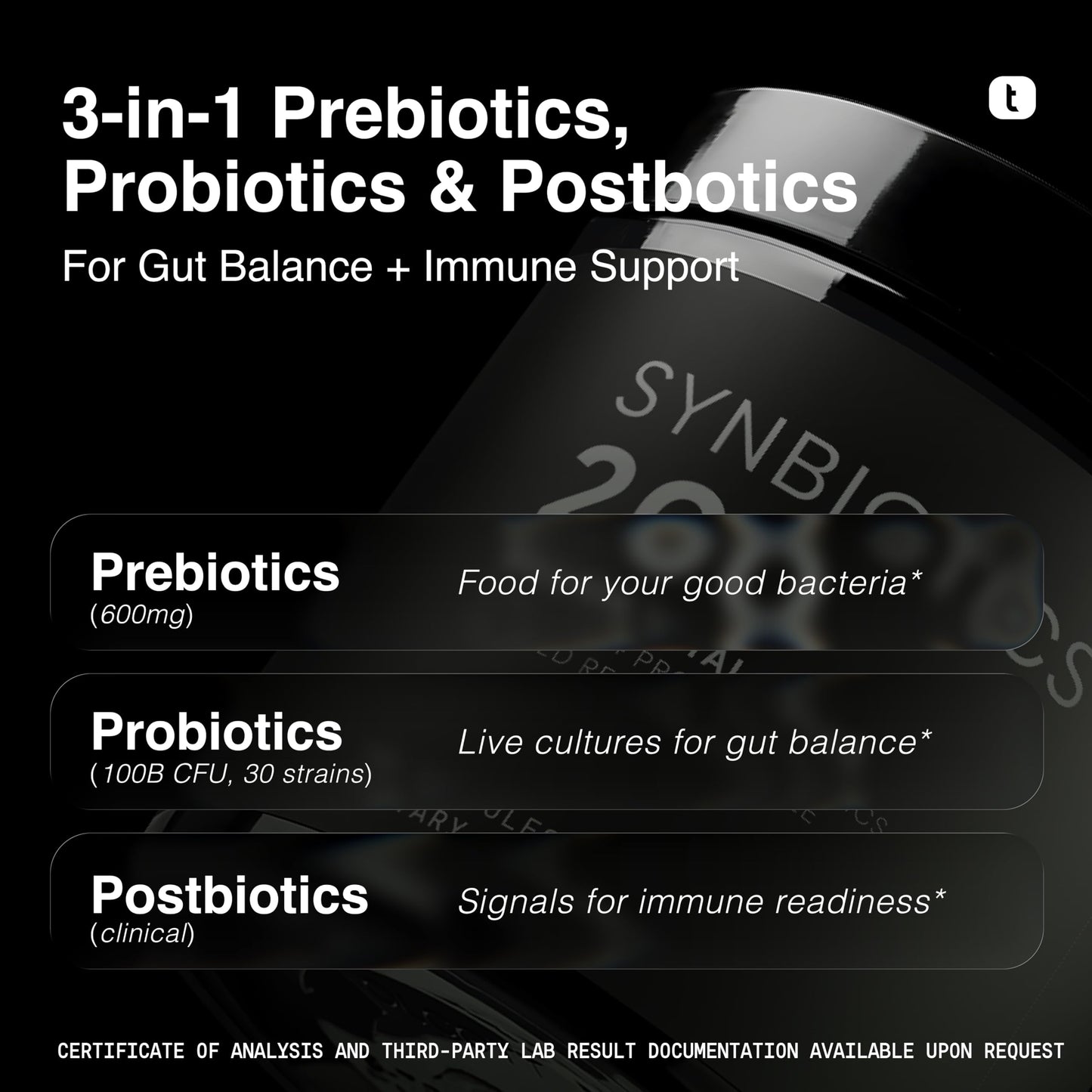 Toniiq Prebiotics and Probiotics 200B CFU Synbiotic with Postbiotics IMMUSE® & ButyraGen® – 30 Strains for Gut & Digestive Health, Shelf-Stable, Third-Party Tested, 60 Capsules