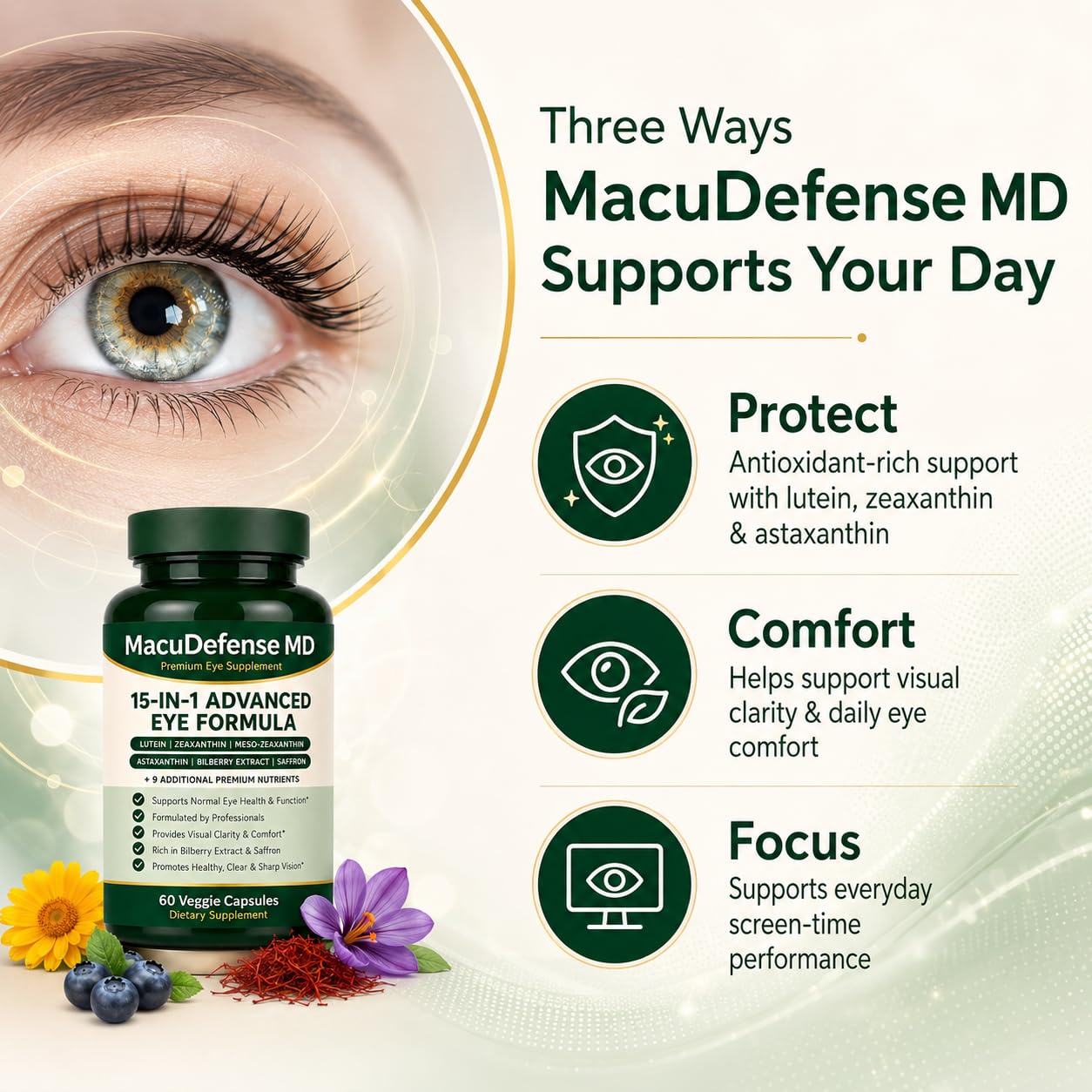 Nichalous Macudefense MD 15-in-1 Advanced Eye Formula Eye Health Supplement with Lutein, Zeaxanthin & Astaxanthin Vision Support 60 Capsules