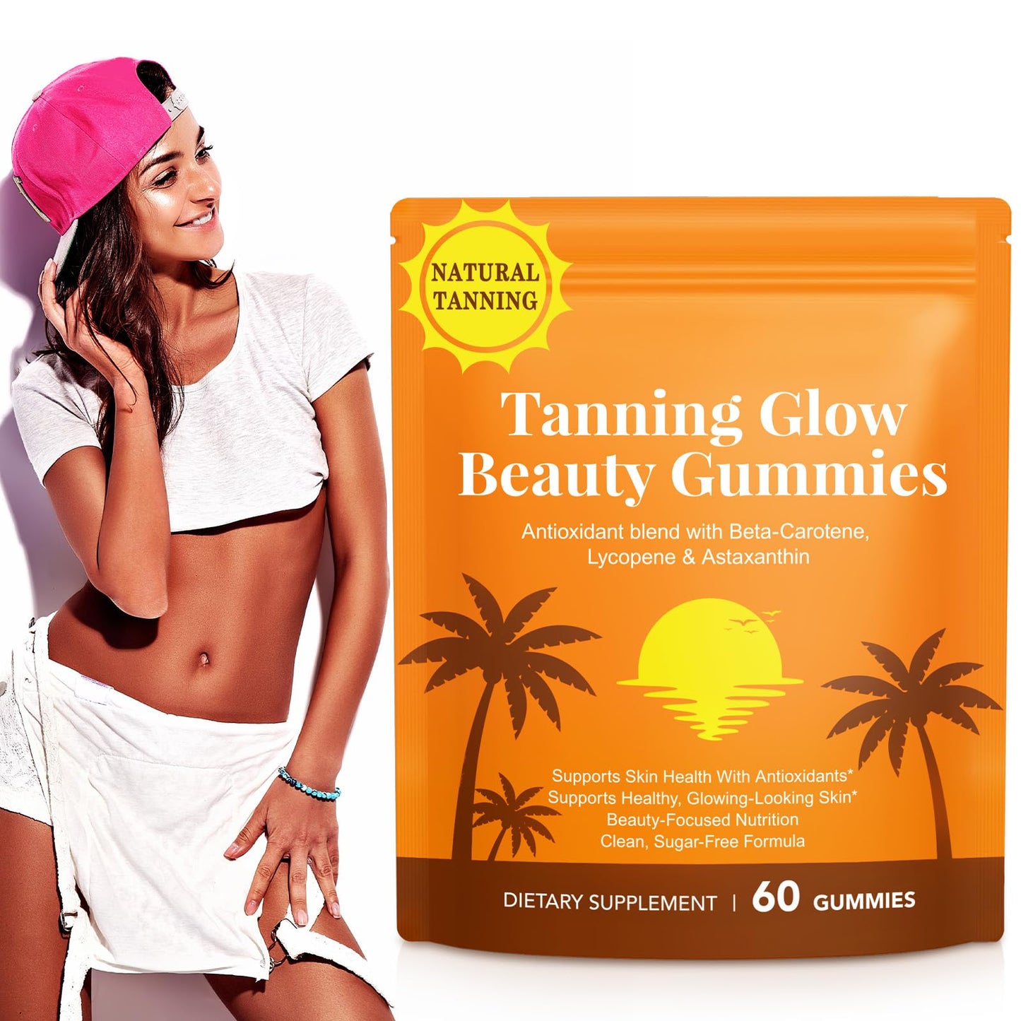 Gximdz es Tanning Gummies for Women with Vitamin C & E, Astaxanthin, Beta Carotene & Lycopene Blend, Sugar-Free, 60 Gummies