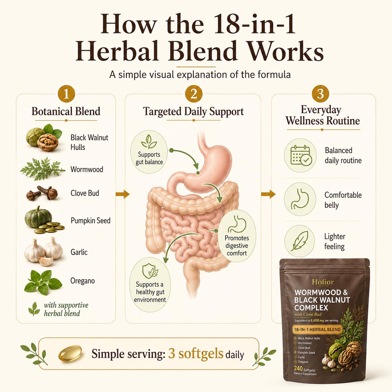 HOLIOR Wormwood Black Walnut Cloves Capsules 240 Count