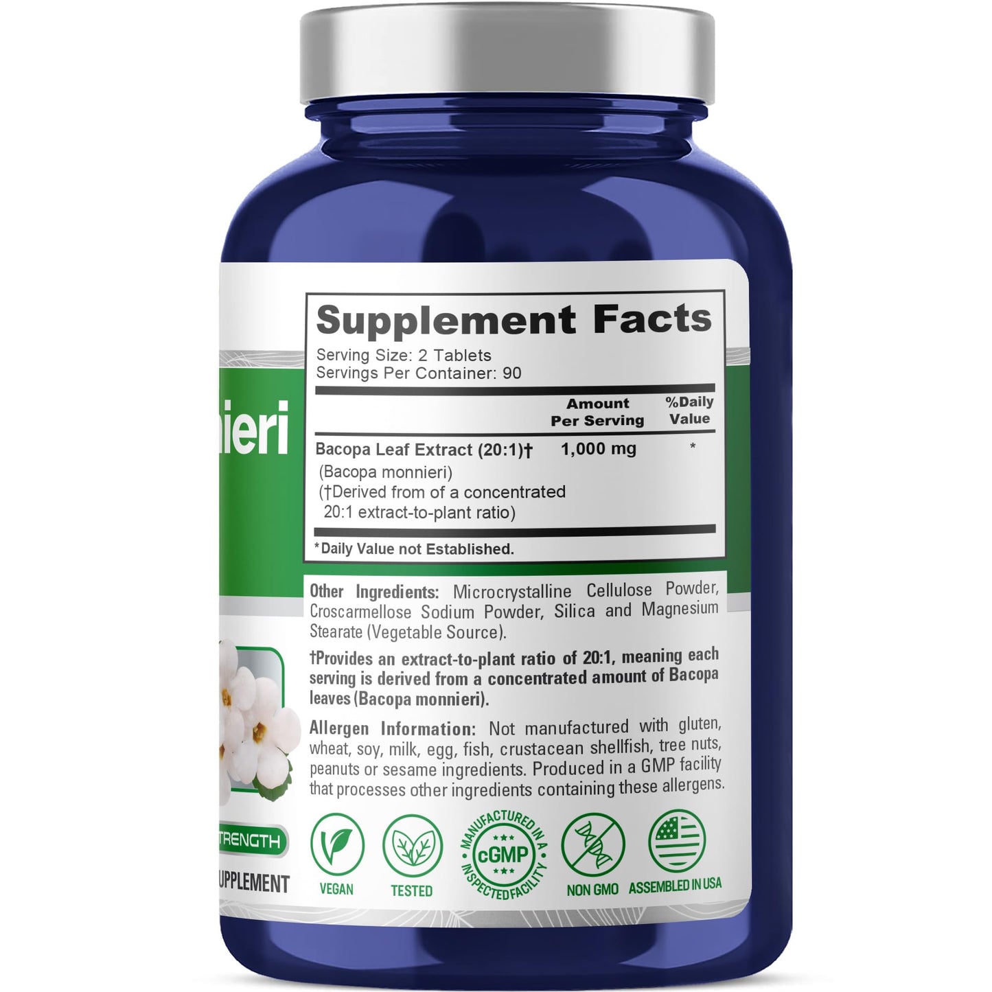 NusaPure Bacopa Monnieri Leaf Capsules, 1000mg, Non-GMO, Vegan, 180 Capsules