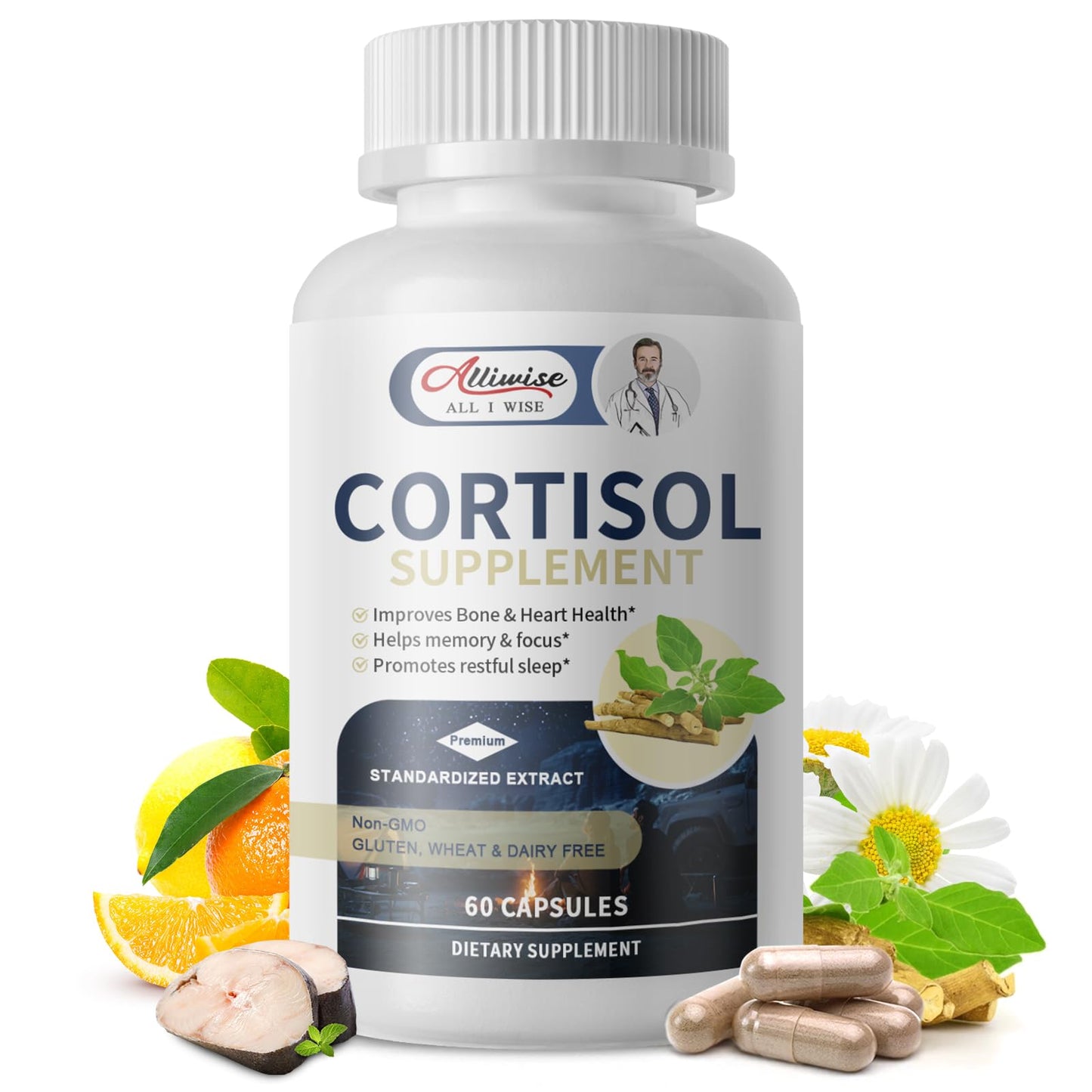 Alliwise Cortisol Supplements Capsules, 60 Count