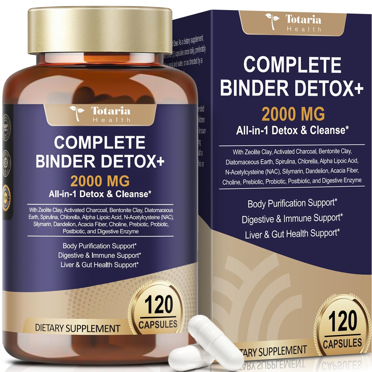 Totaria 2000MG All-in-1 Detox Binder Activated Charcoal Zeolite Bentonite Clay Alpha Lipoic Acid 7-Layer Detox & Cleanse Supplement Liver & Gut Support Capsules, 120