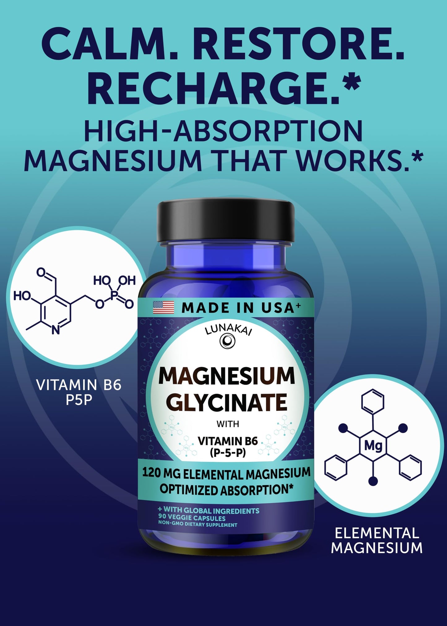 Lunakai Pure Magnesium Glycinate Capsules 120mg Elemental with B6 (P-5-P) – High Absorption Magnesium Supplement for Sleep & Muscle Support, Non-GMO, 90 Count