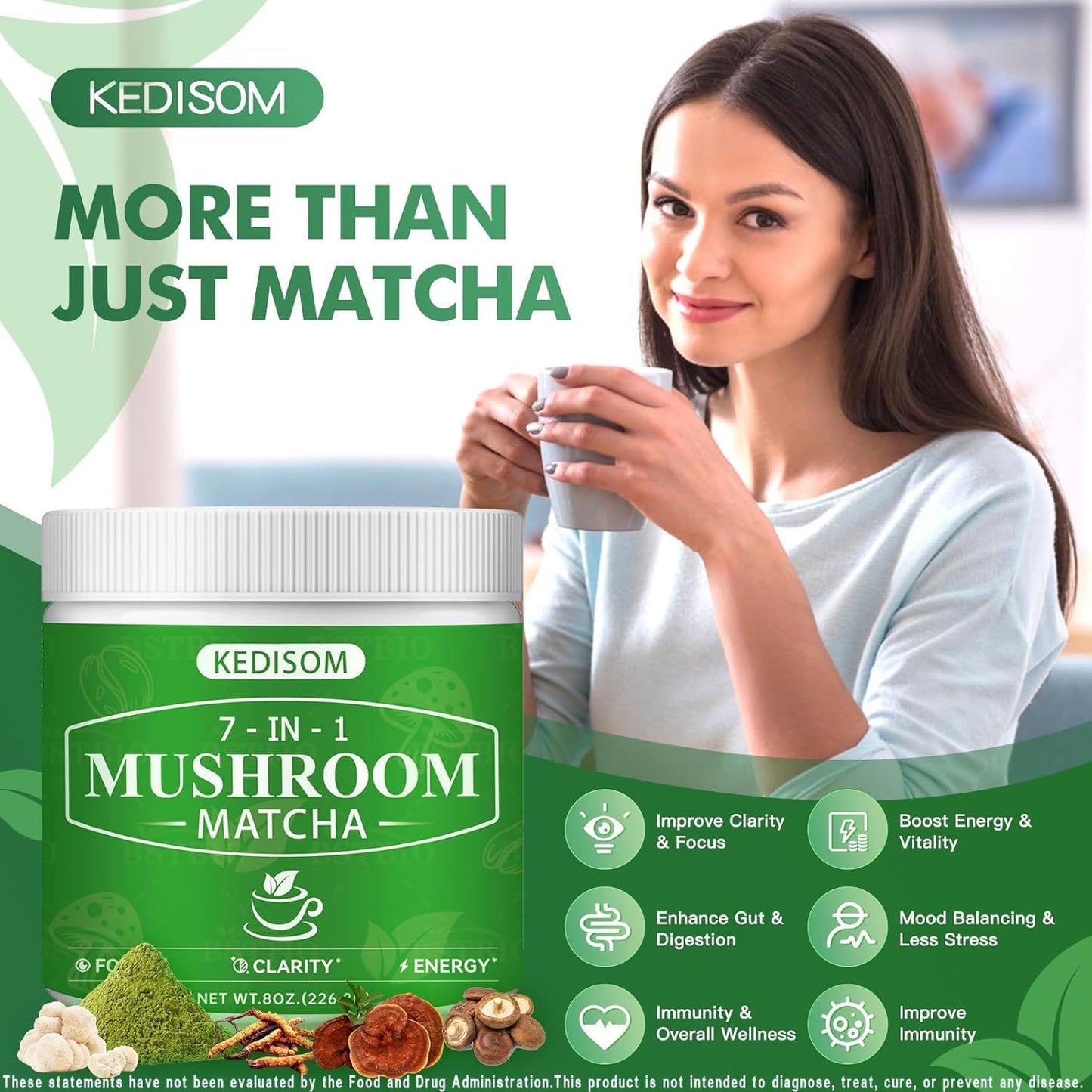 KEDISOM Mushroom Matcha Adaptogenic Mushroom Blend with 7 Superfood Mushrooms and Ceremonial-Grade Matcha with Turkey Tail, Shiitake, Lion's Mane Powder 8