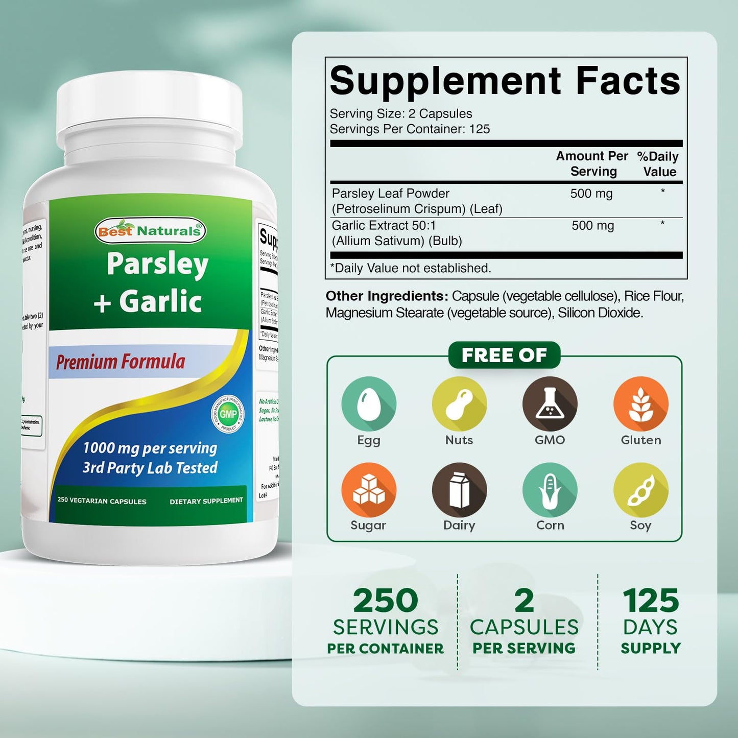 Best Naturals Parsley and Garlic 1000 mg per Serving Capsule, 250 Count