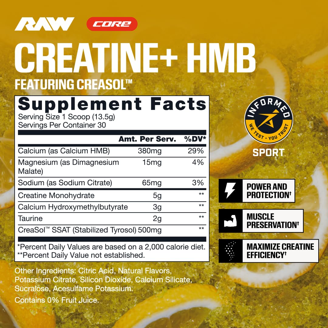 RAW Creatine Plus Powder, Creatine Monohydrate with HMB, Taurine & No Added Sugar, 14.6 Ounce