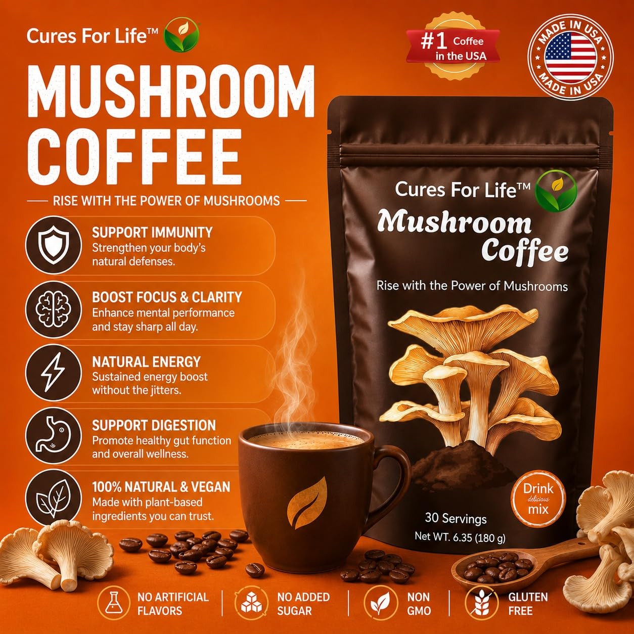 Cures For Life Mushroom Coffee Powder 30 Servings