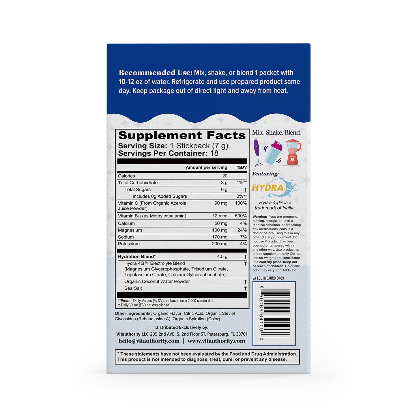 Vitauthority Hydration Electrolyte Powder Packets 4.4 oz