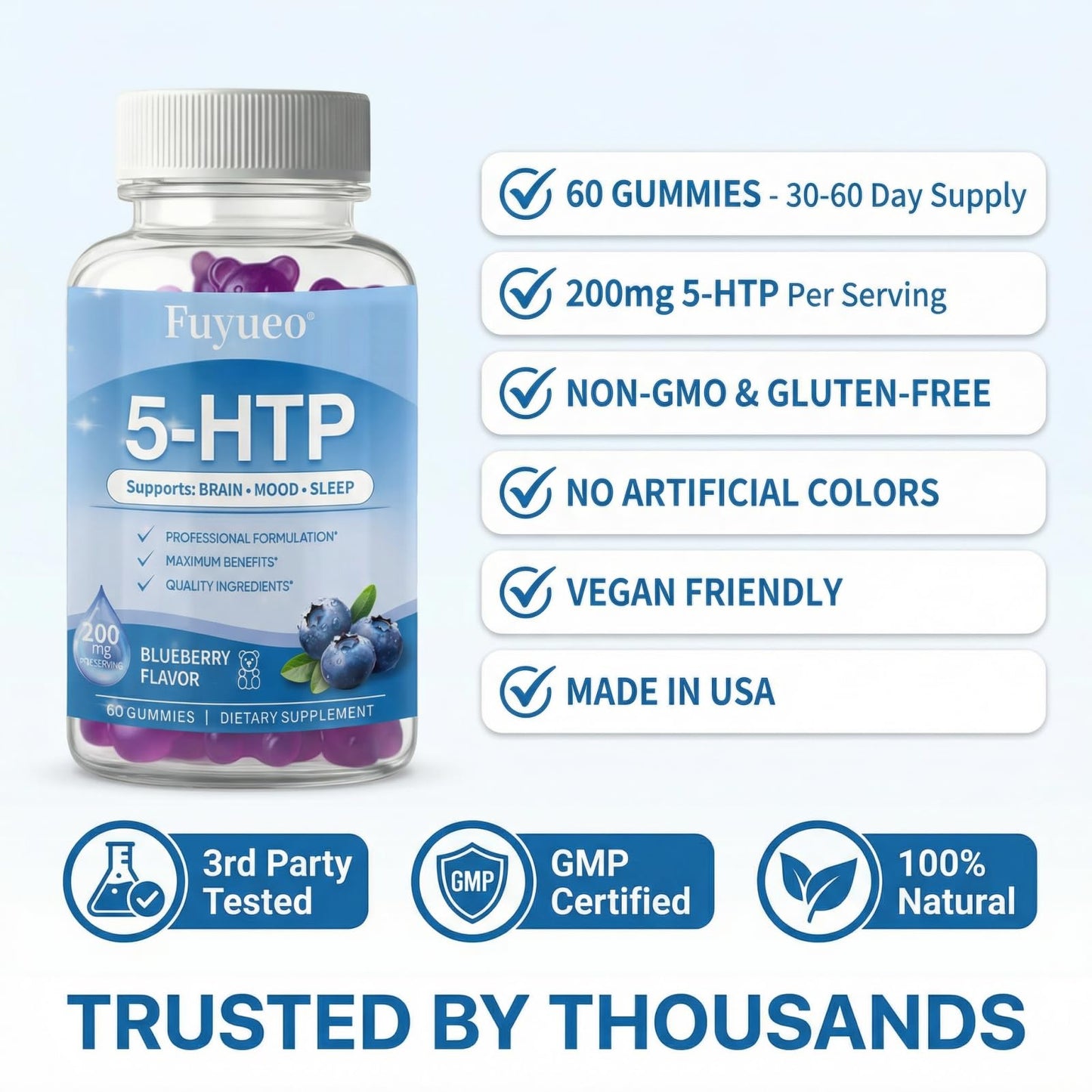FUYUEO 5-HTP Gummies 200mg with SAMe & Vitamin B6, 60 Gummies