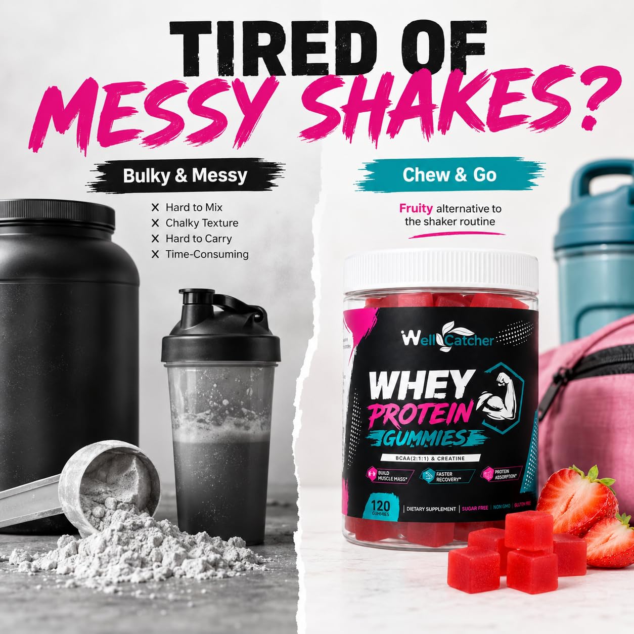 Wellcatcher Whey Protein Isolate Gummies with BCAA & Creatine, Sugar-Free Pectin Protein Gummies, Strawberry Flavor, 15 Gummies