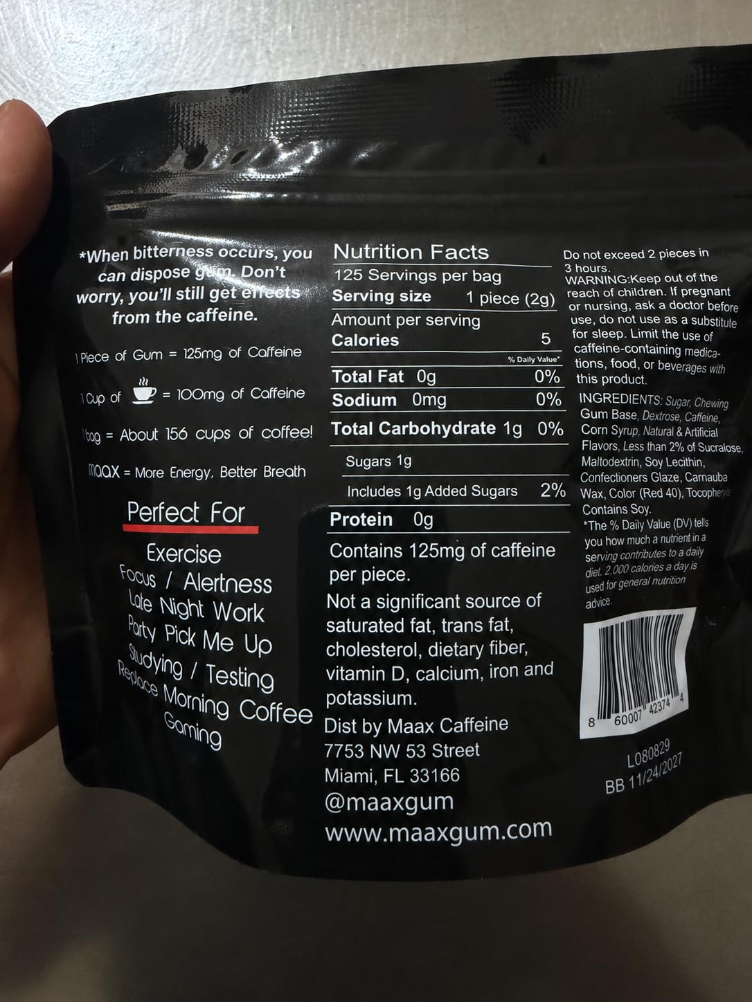 Maax Caffeine Energy Gum Chewable 125 Count