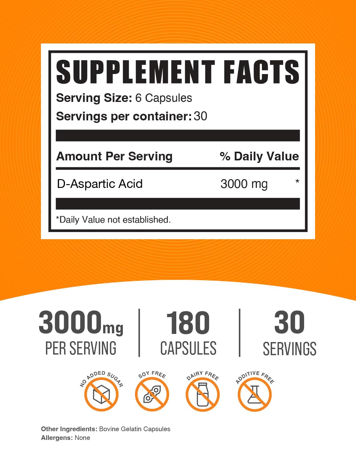 BulkSupplements D-Aspartic Acid 3000mg Capsules, 180 Capsules