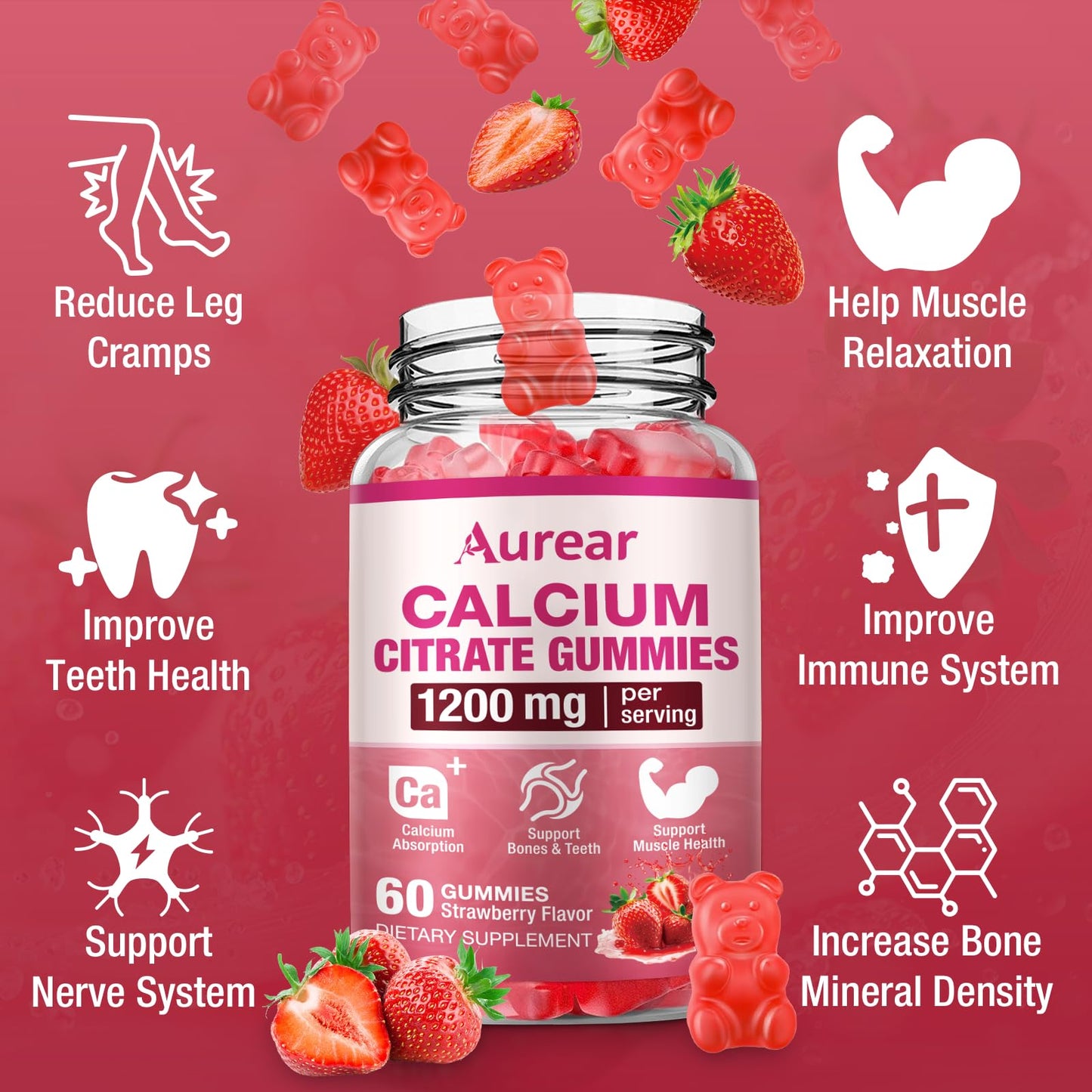 Aurear Calcium Citrate Gummies 1200mg Chewable Calcium Supplement for Men & Women, Muscle & Bone Support, Strawberry Flavor, 120 Count