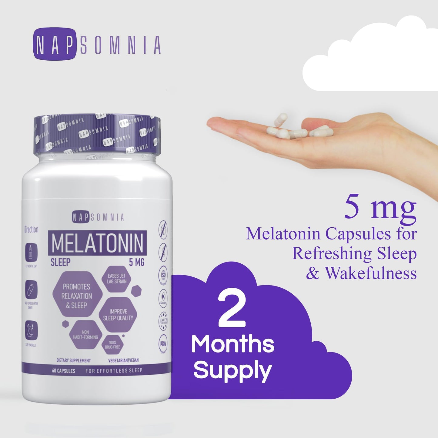 NAPSOMNIA Melatonin 5 mg with Valerian Root Extract - Vegan Melatonin Capsules - Sleep Aid for Adults, 60 Capsules