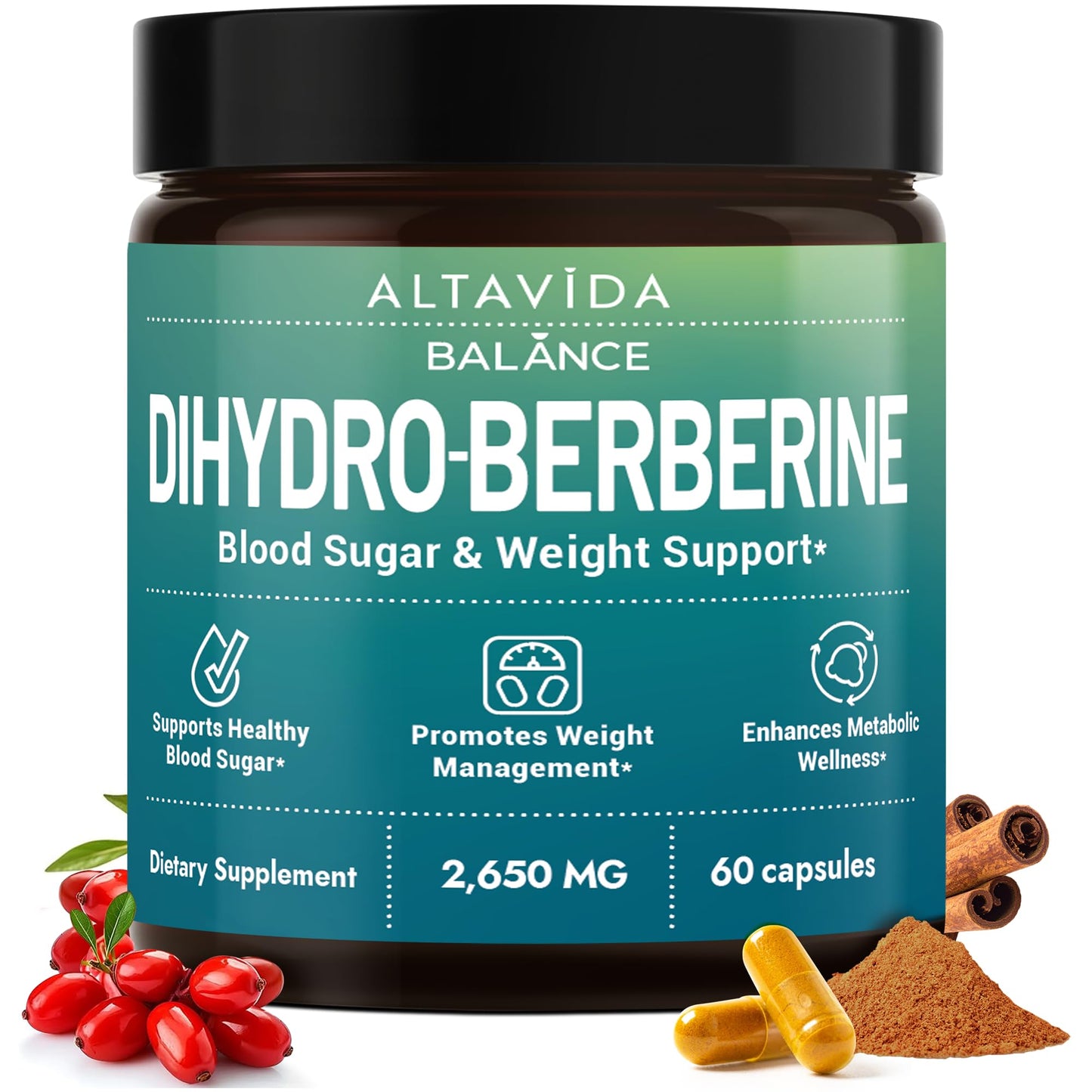 Altavida Dihydroberberine Super Berberine Supplement with Ceylon Cinnamon and Alpha Lipoic Acid - GlucoVantage 250mg - 5x Enhanced Bioavailability Over Berberine HCL - Metabolic & Wellness Support, 60 Capsules