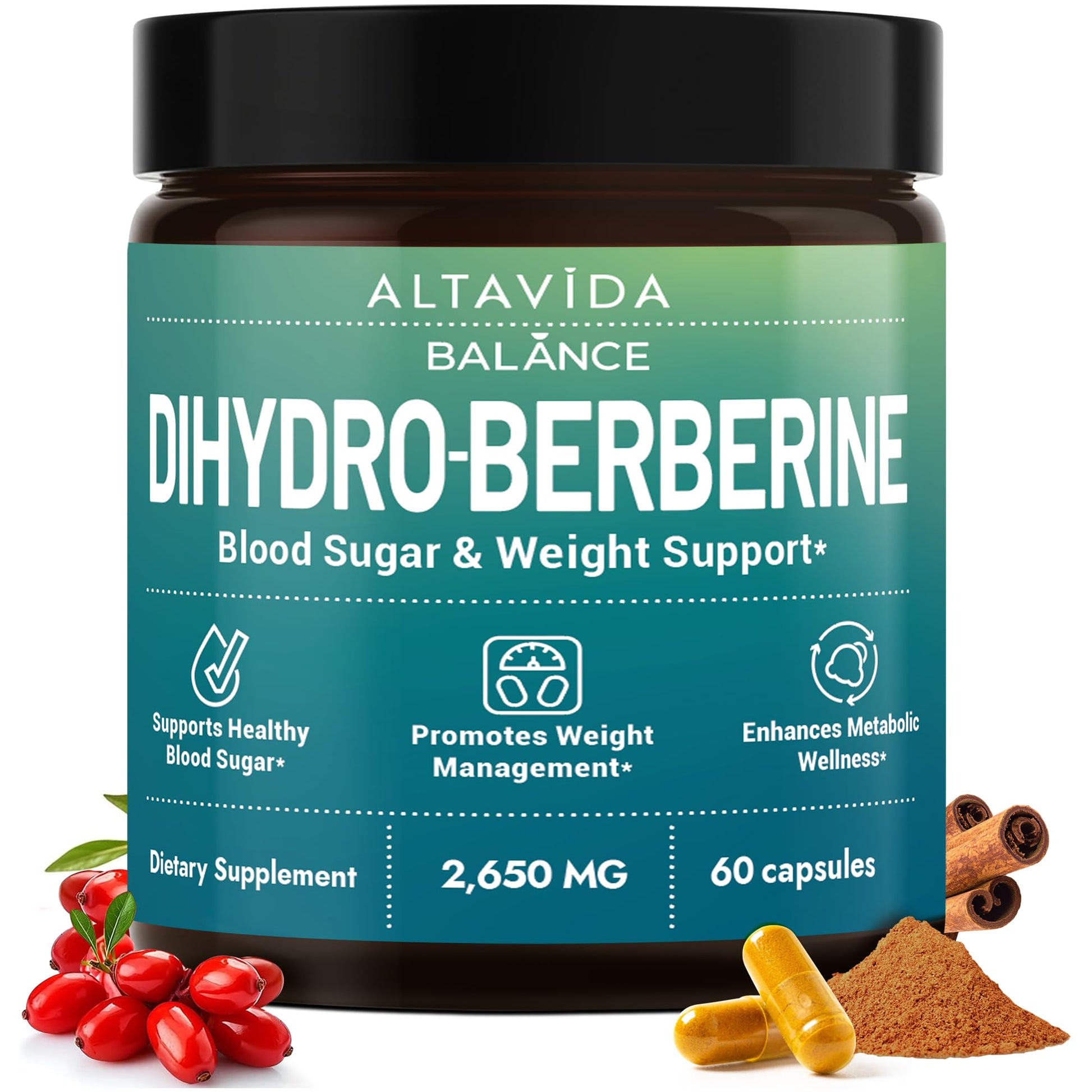 Altavida Dihydroberberine Super Berberine Supplement with Ceylon Cinnamon and Alpha Lipoic Acid - GlucoVantage 250mg - 5x Enhanced Bioavailability Over Berberine HCL - Metabolic & Wellness Support, 60 Capsules