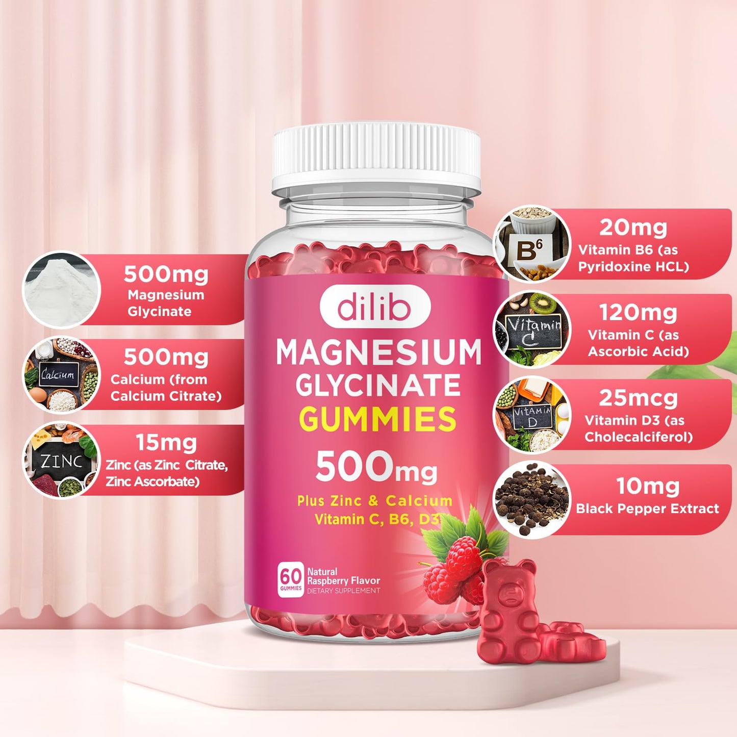 dilib Magnesium Glycinate Gummies 500mg Magnesium Supplement with Calcium, Zinc, Vitamin C, B6, D3 - Calm Chewable Gummies for Kids & Adults - Sleep, Mood & Muscle Support - Raspberry Flavor, 60 Gummies