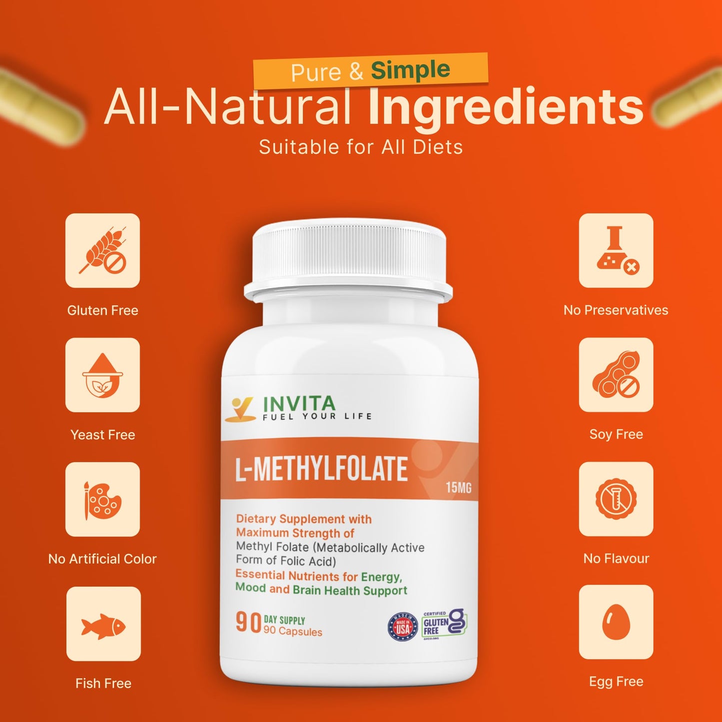INVITA L-Methylfolate 15mg – Physician Formulated 5-MTHF Active Methyl Folate Capsule, 90 Count