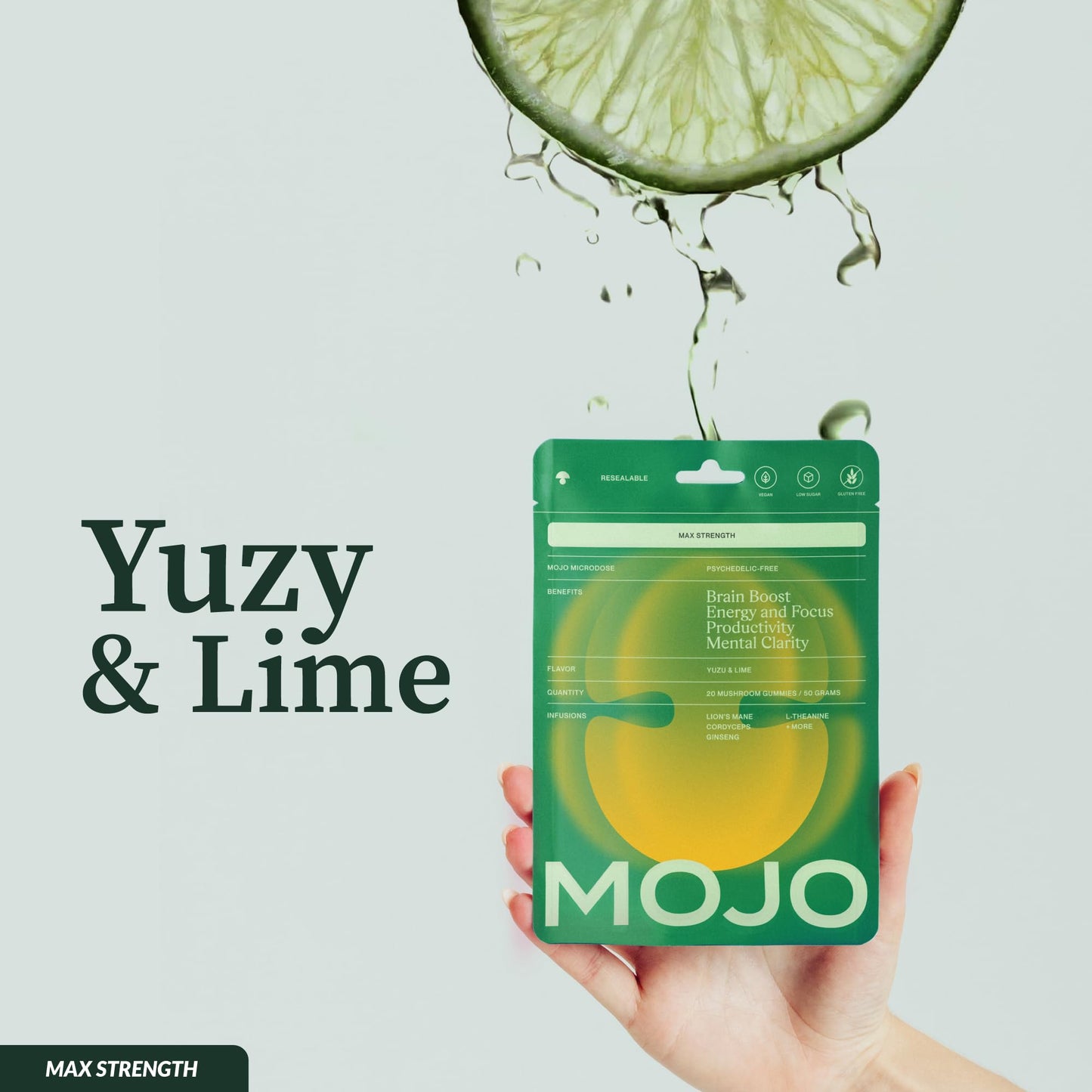 Mojo Focus Gummies Extra Strength with Lion's Mane Mushroom, Cordyceps & Panax Ginseng, Brain Supplement for Adults, Memory & Energy Support, Mental Clarity, Vegan Yuzu Lime, 1 Pack