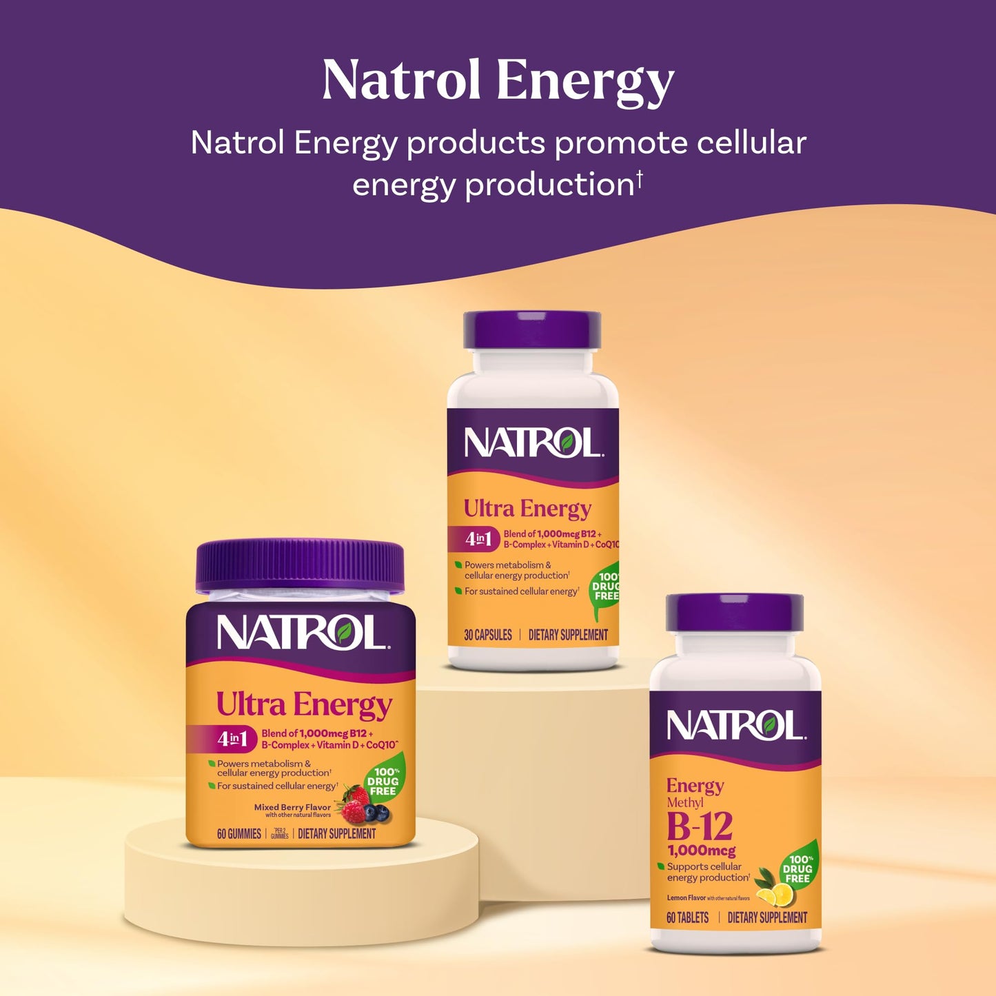 Natrol Ultra Energy 4-in-1 Blend 1000mcg B12, Vitamin B Complex, Vitamin D, CoQ10 Capsules, 30 Ct