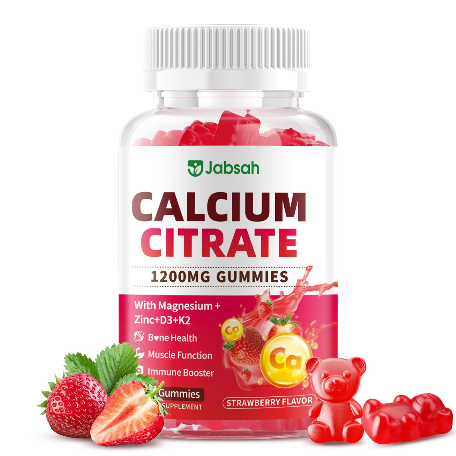Jabsah Calcium Citrate Gummies 1200mg with Vitamin D3, K2, Magnesium, Zinc for Bone & Immune Support, Strawberry Flavor, 60 Count
