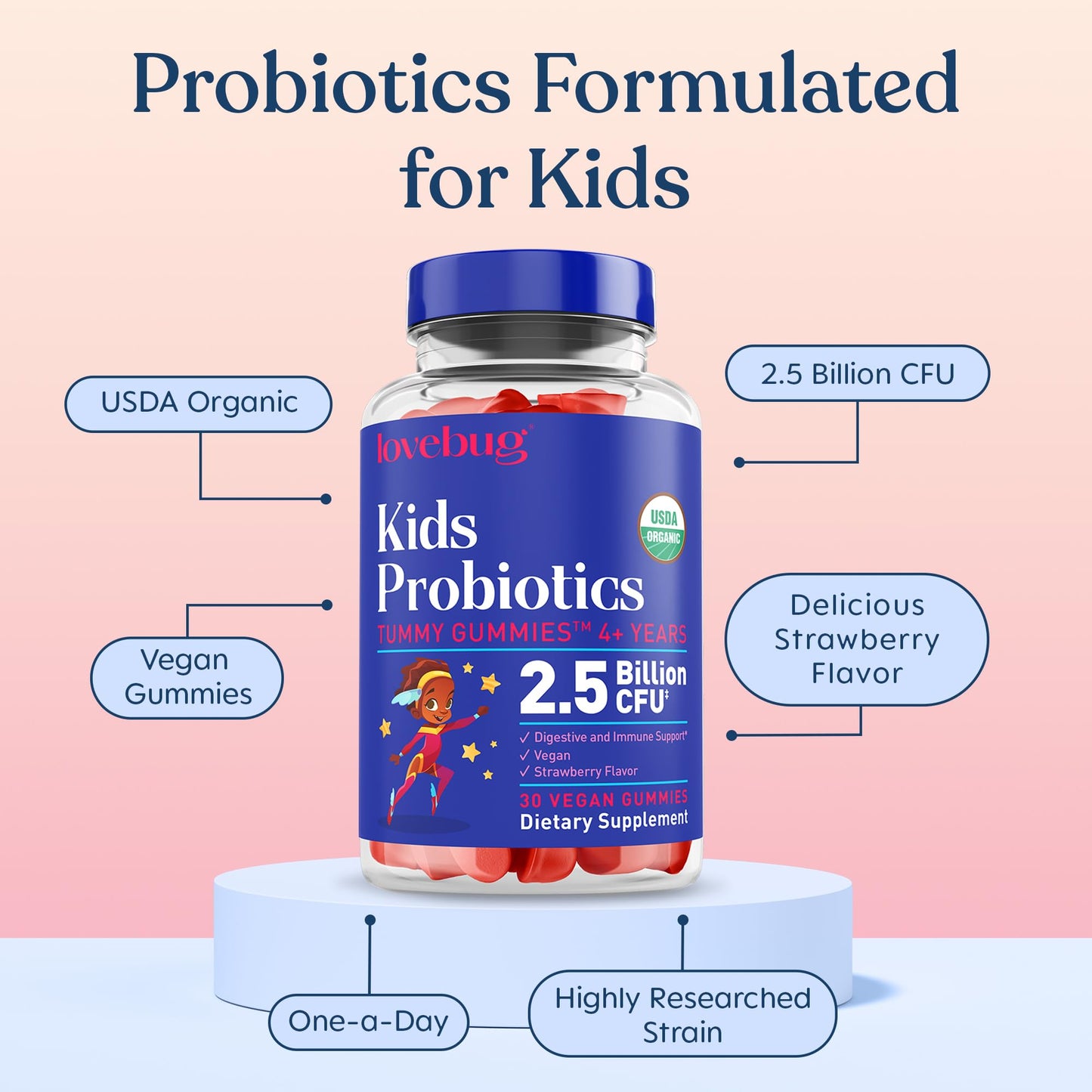 LOVEBUG Kids Probiotic Gummies 30 Count, Organic Chewable Probiotics for Kids Aged 4+, Strawberry