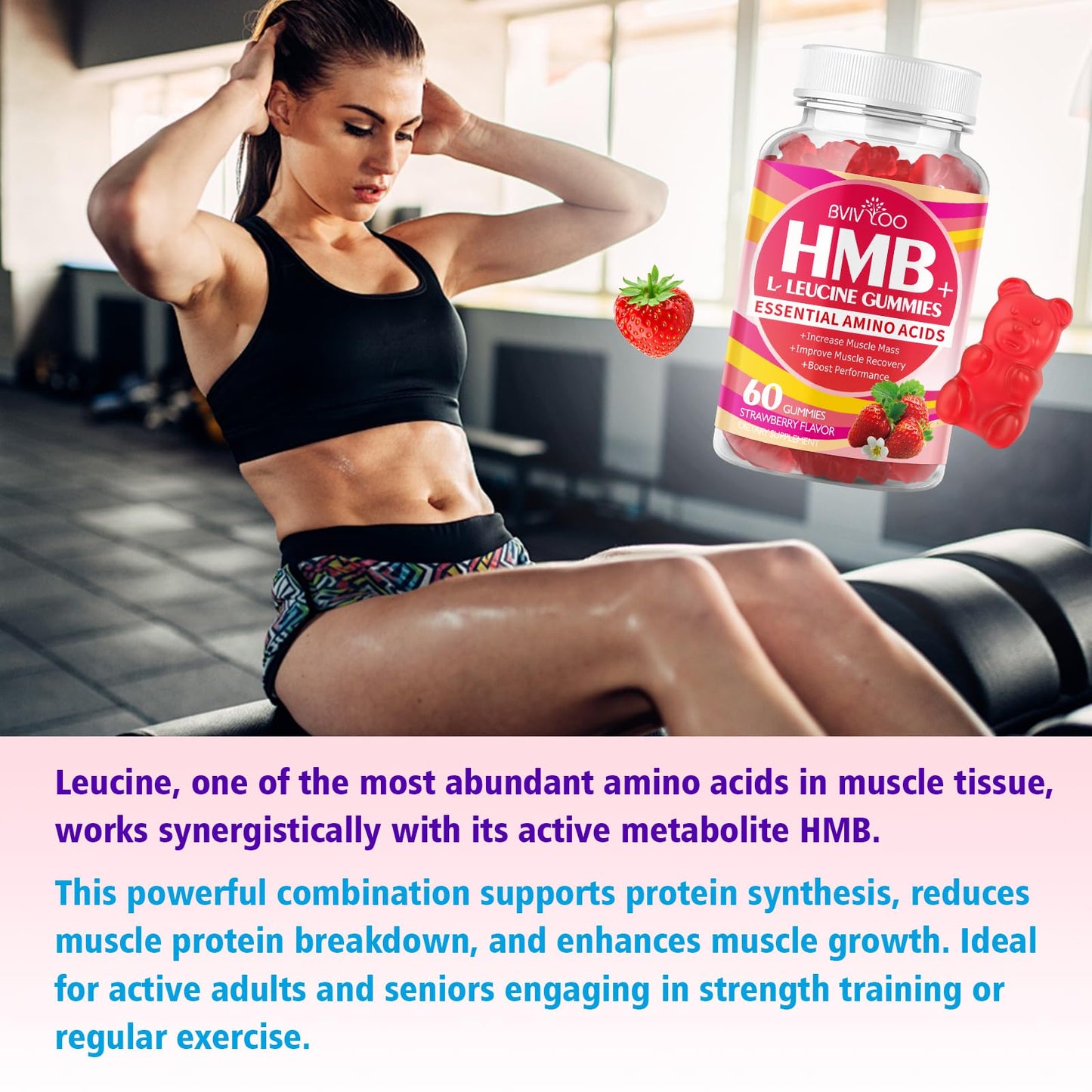 BVIVLOO HMB and L-Leucine Gummies - 3000mg Combined HMB & L-Leucine per Serving, Sugar-Free, Strawberry, 60 Gummies, 2-Pack