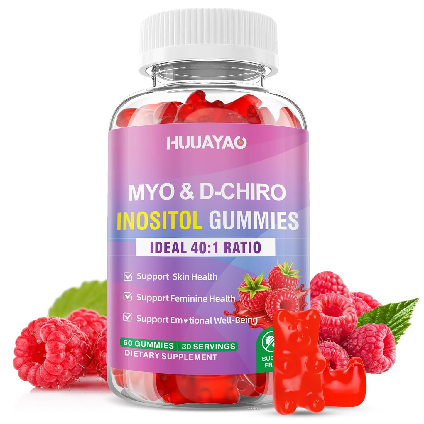 HUUAYAO Myo-Inositol & D-Chiro Inositol Gummies with Vitamin D3, 60 Count