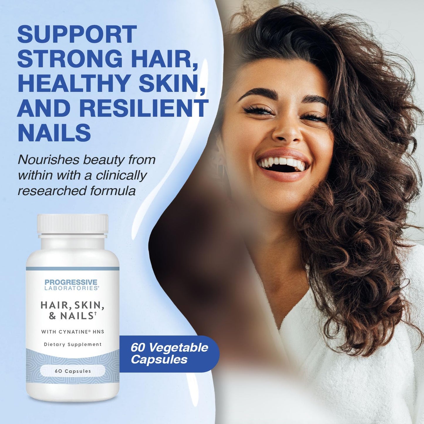 Progressive Laboratories Hair, Skin & Nails Supplement with Cynatine HNS & TRAACS Minerals, 60 Capsules