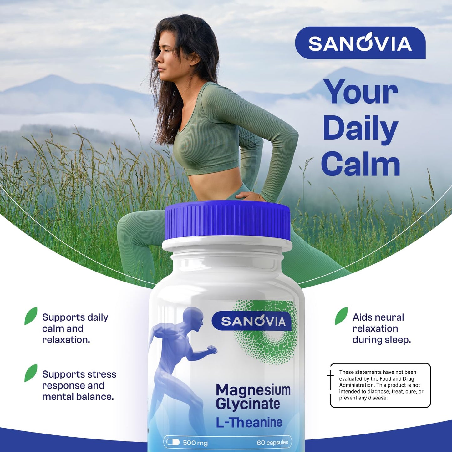 SANOVIA Magnesium Glycinate with L-Theanine 200mg & Chamomile 10:1 Sleep & Calm Support, 150mg Magnesium, 60 Capsules