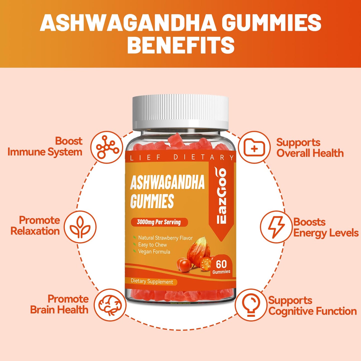 EAZGOO Ashwagandha Root Extract 3000mg with Vitamin D3 Gummies, 60 Count