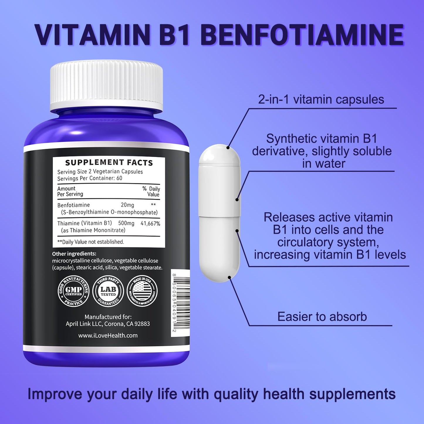 I LOVE HEALTH Benfotiamine 600mg Plus Vitamin B1 20mg, Capsules, 240