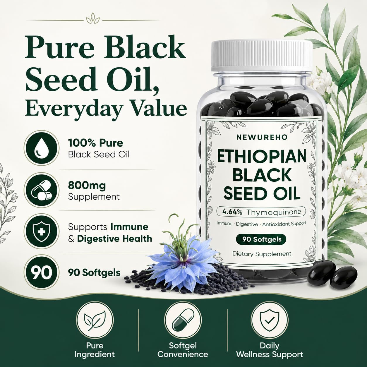 NEWUREHO Ethiopian Black Seed Oil Capsule 800mg, Organic Cold Pressed 100% Pure, Supports Immune & Digestive Health, Easy-to-Swallow, 90 Count