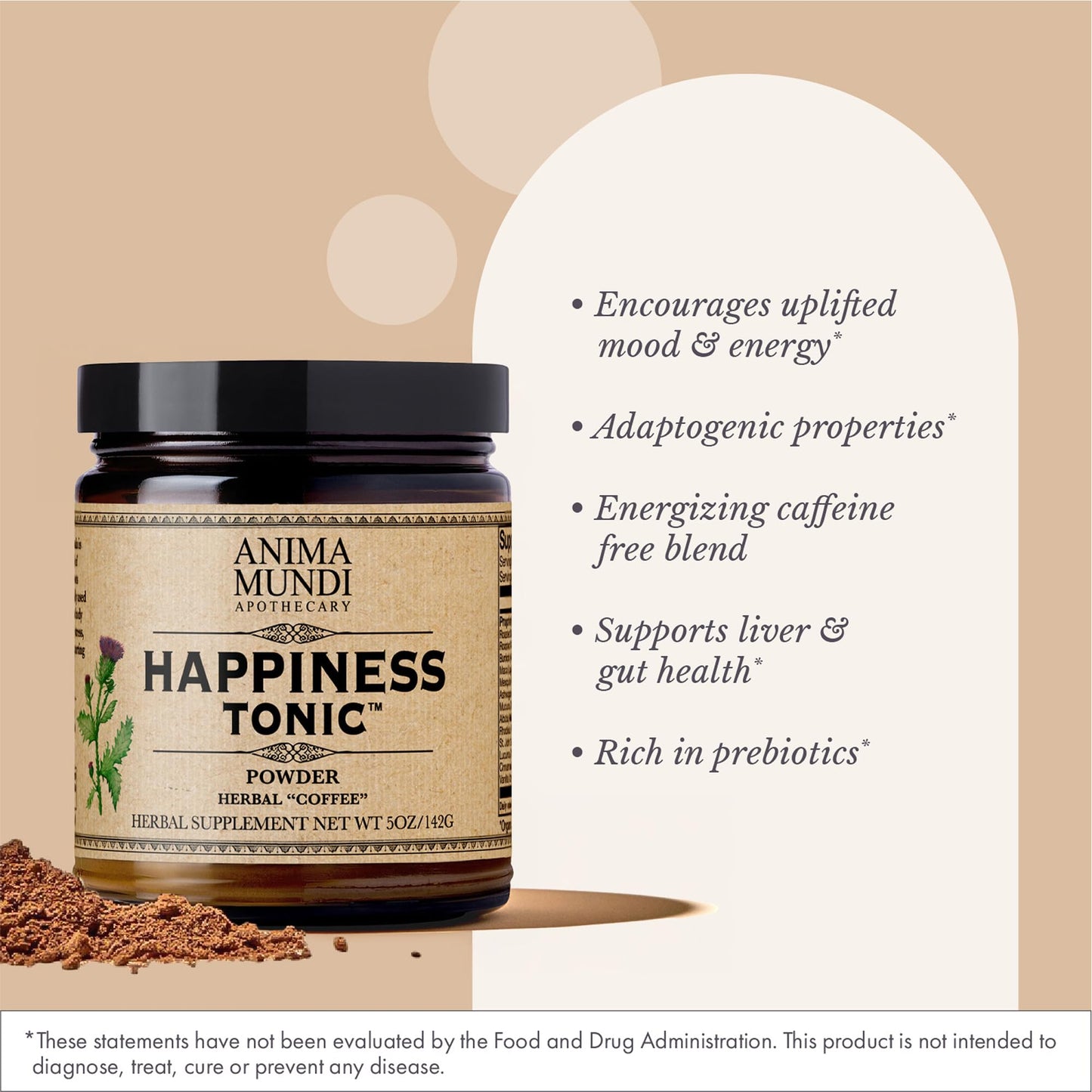 Anima Mundi Apothecary Herbal Coffee Substitute with Chicory Root & Ashwagandha - Happiness Tonic Powder, 5 oz