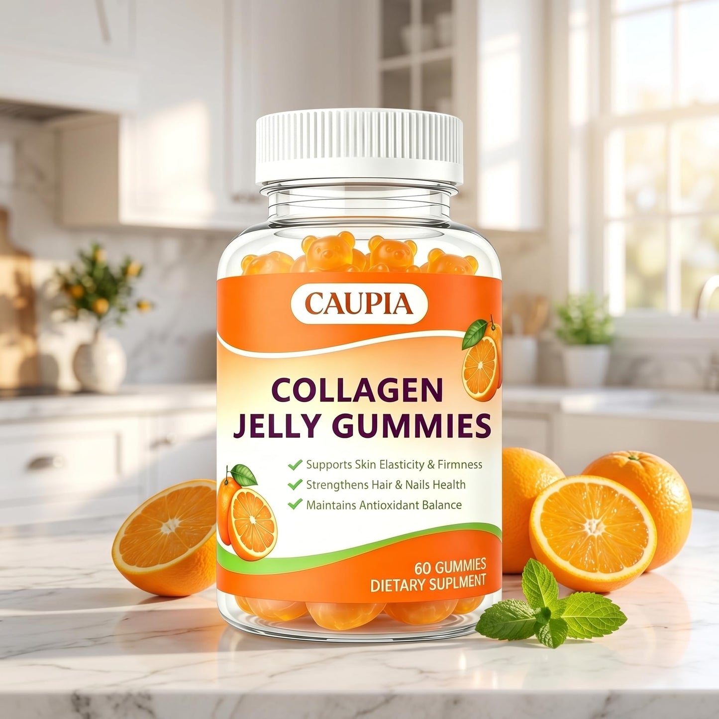 CAUPIA Collagen Jelly Gummies - Hair & Nails with Collagen Peptides, Orange Flavor, 60 Gummies