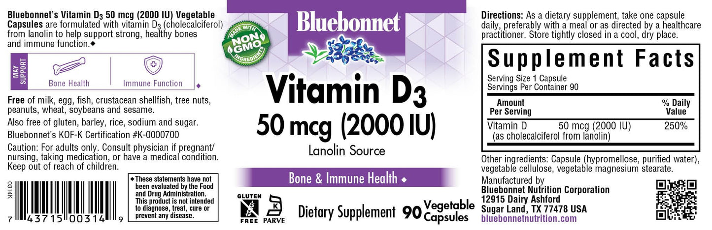 BlueBonnet Vitamin D3 2000 IU Vegetable Capsules 90 Count