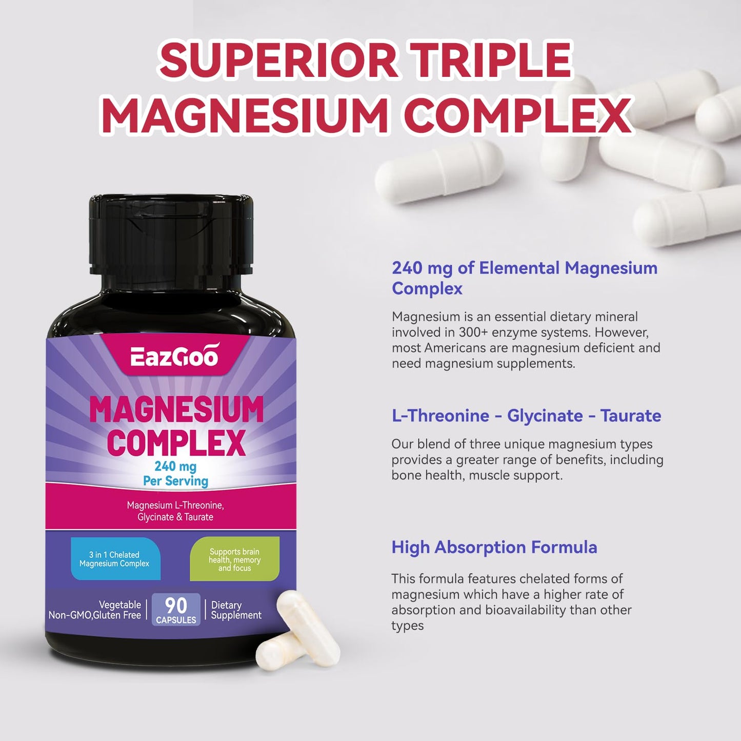 EAZGOO 3 in 1 Magnesium Complex, 240mg Elemental Magnesium Vegan Capsules, 90 Count