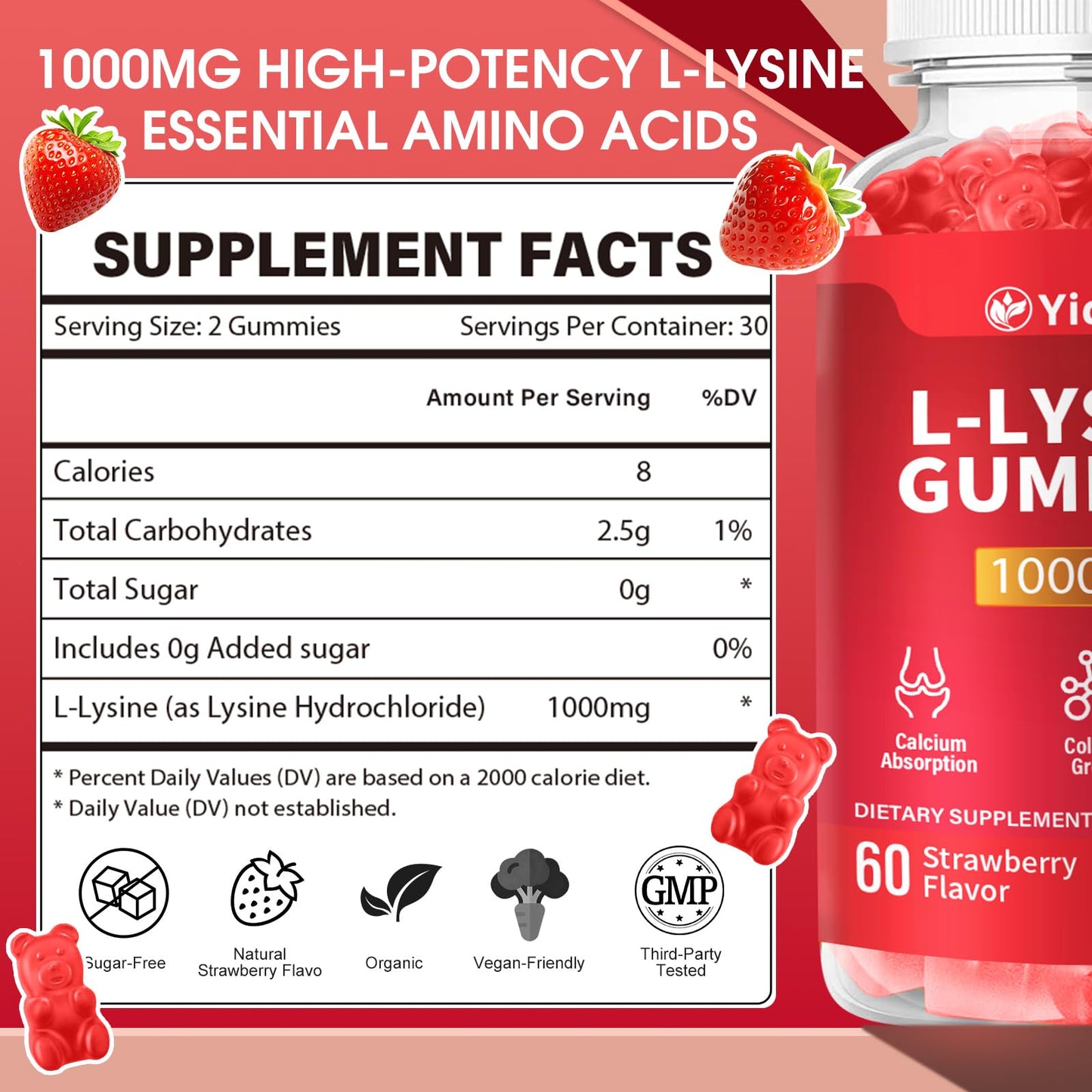 Yidout L-Lysine 1000mg Gummies, 60 Count