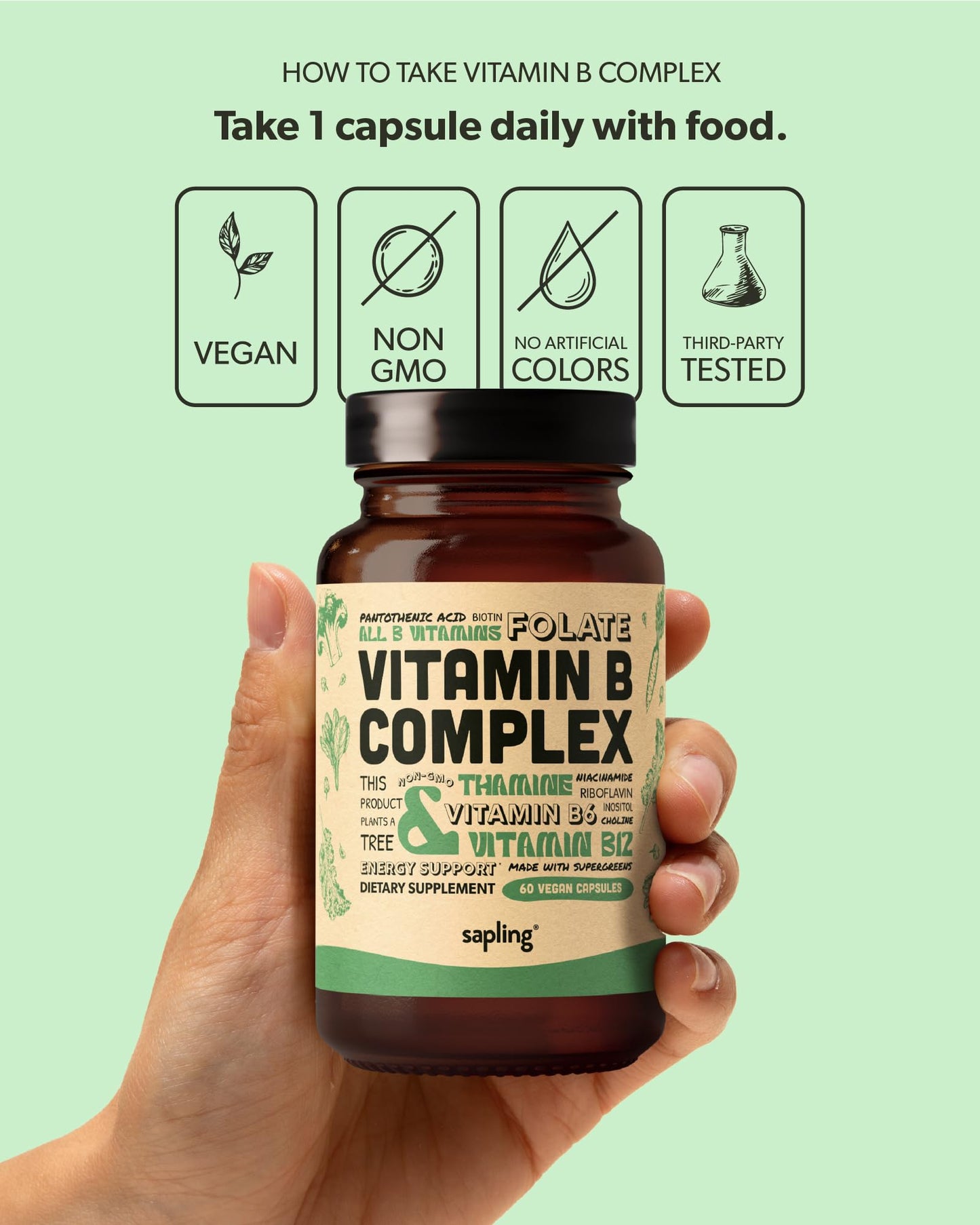 sapling Vegan Vitamin B Complex - Whole Food Blend with Essential B Vitamins B1, B2, B3, B5, B6, B7, Folate, B12 60 Capsules