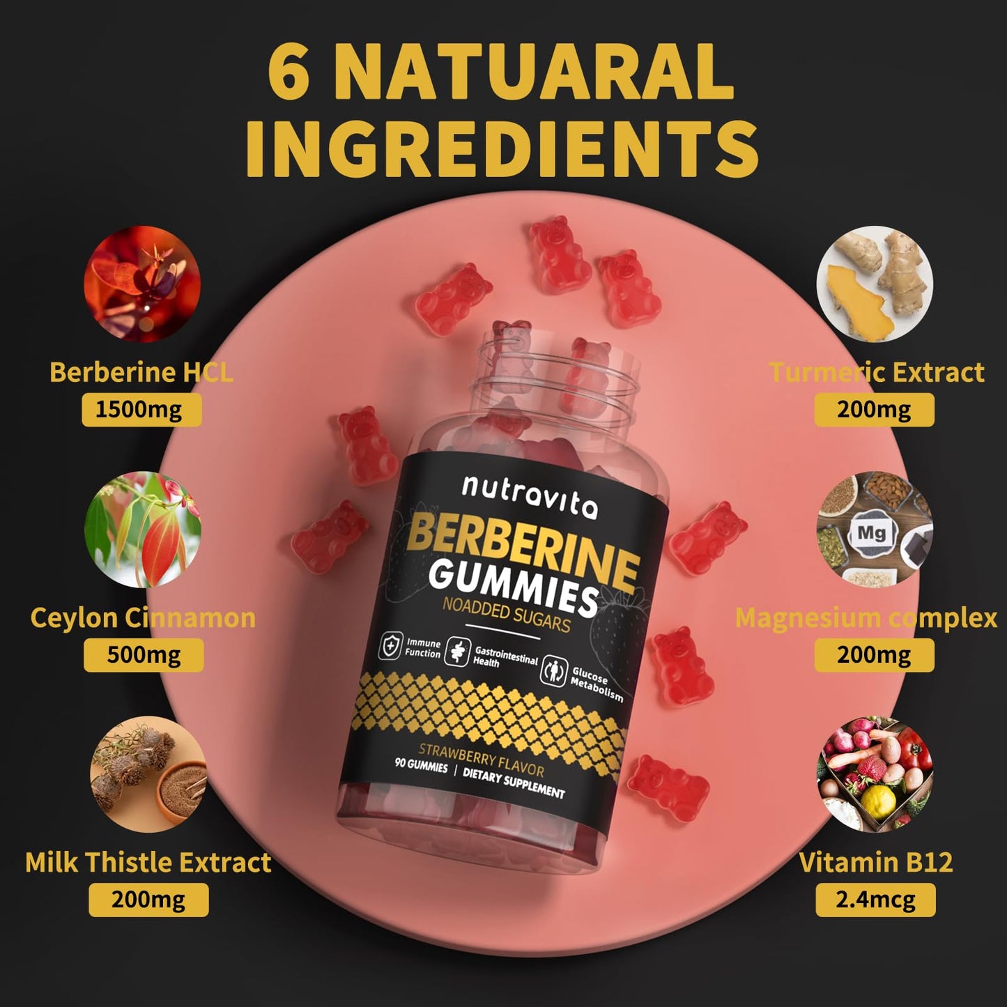 Nutravita Berberine Gummies with Ceylon Cinnamon 1500mg High Potency Berberine HCL for Immune and Metabolism Support, Sugar Free Organic, Strawberry Flavor, 180 Gummies
