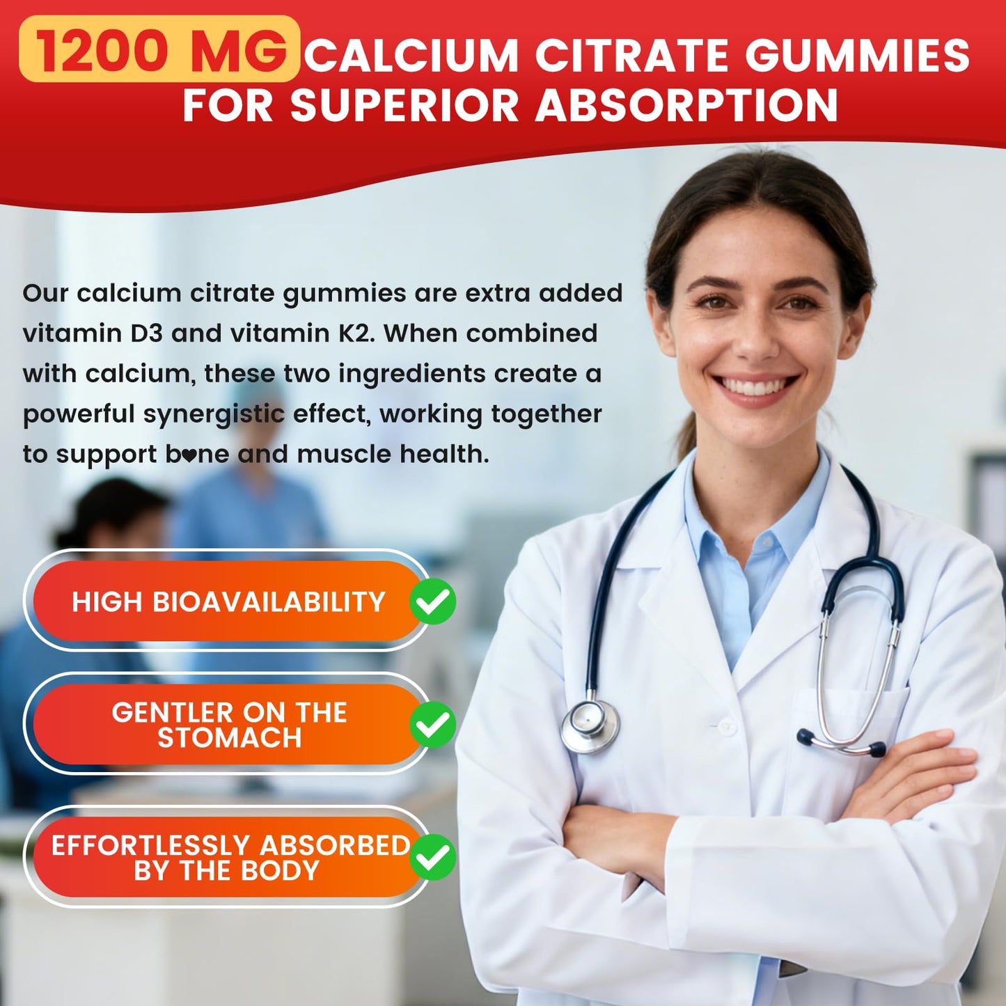 Jabsah Calcium Citrate Gummies 1200mg with Vitamin D3, K2, Magnesium, Zinc for Bone & Immune Support, Strawberry Flavor, 60 Count