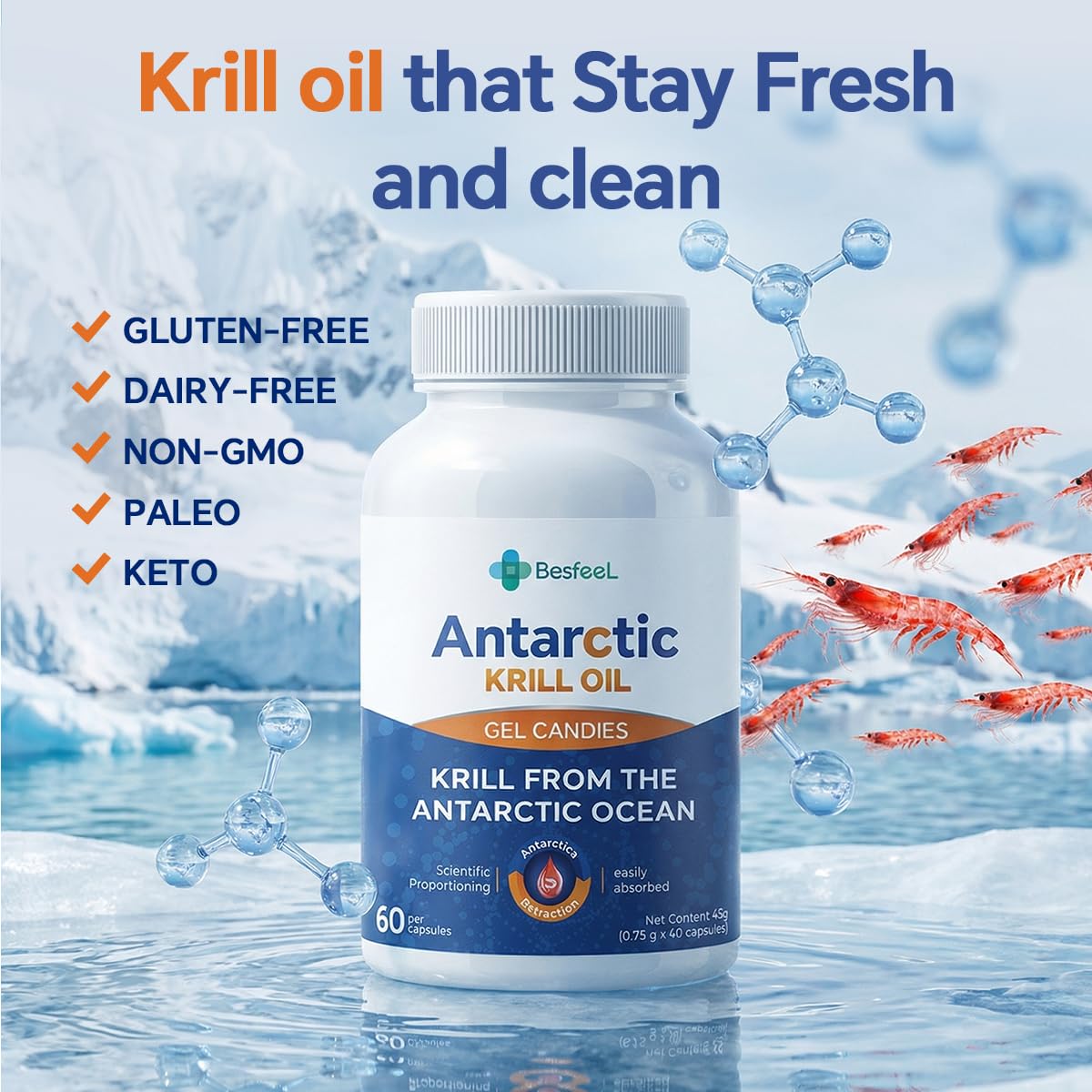 Besfeel Krill Oil 500 mg Antarctic Softgels with Omega-3s EPA/DHA, Astaxanthin & Phospholipids, 60 Count