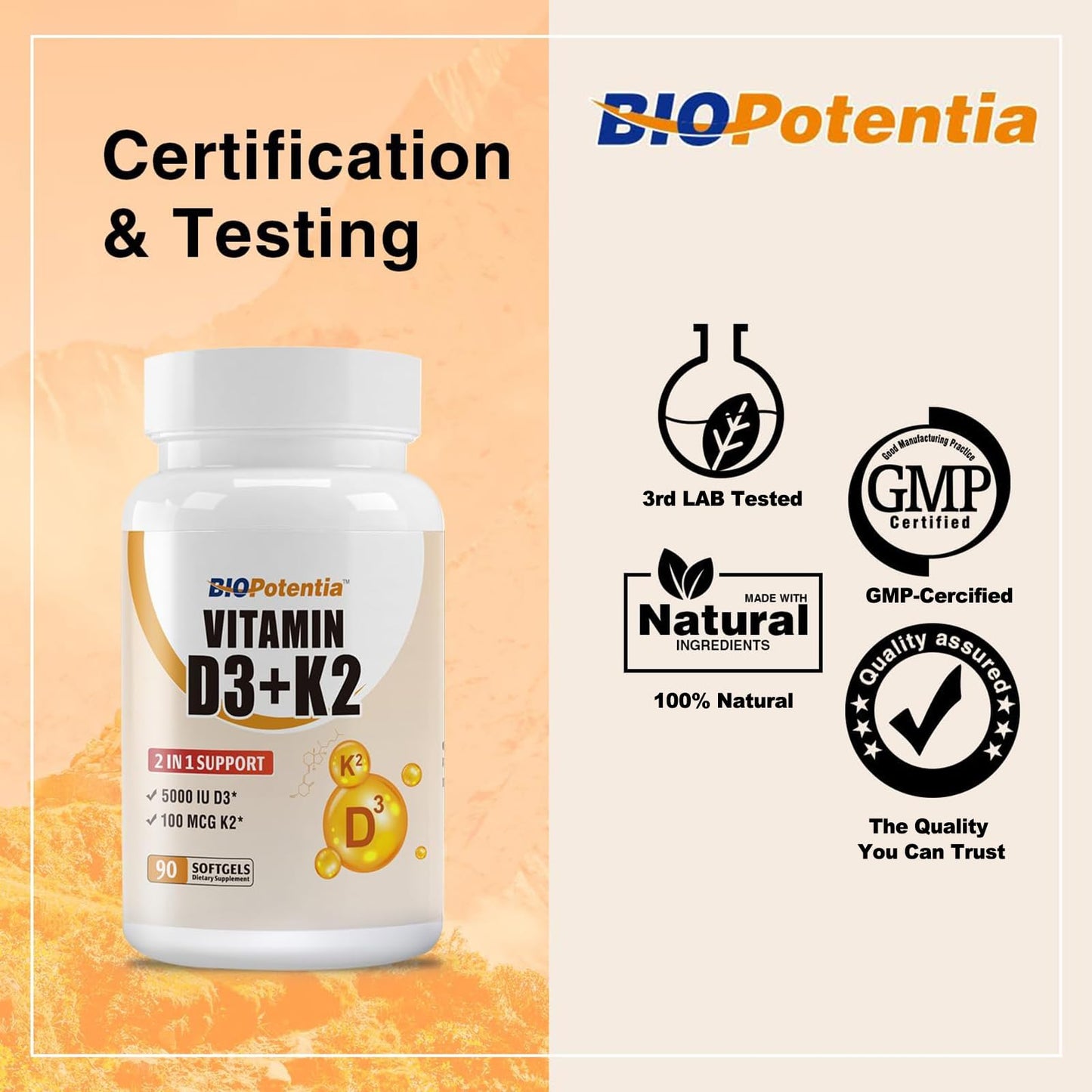 BIO POTENTIA Vitamin D3 K2 (MK7) Softgel Supplement with MCT Oil, 90 Softgels
