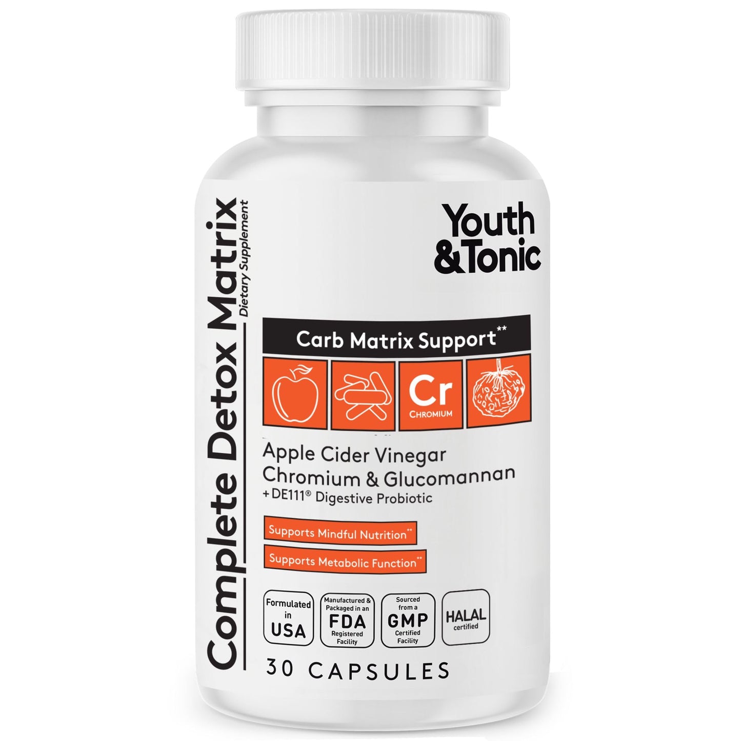 Youth & Tonic Balanced Detox Pills with ACV, Glucomannan & Chromium for Complete Gut Cleanse & Carb Matrix Support Capsules, 30 Count