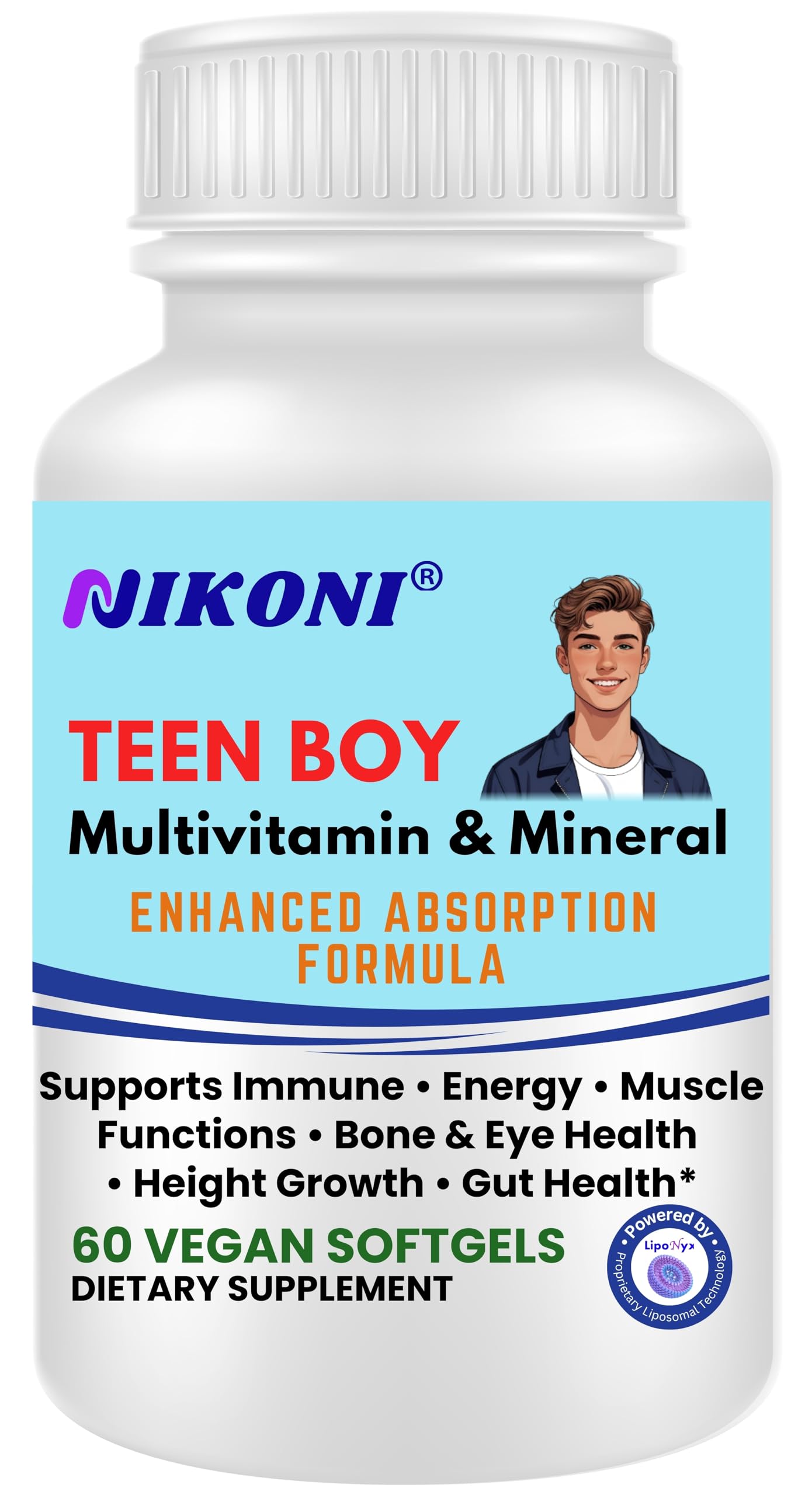 Nikoni Teen Boy Multivitamin & Mineral Vegan Softgels – Enhanced Absorption Formula – 60 Ct