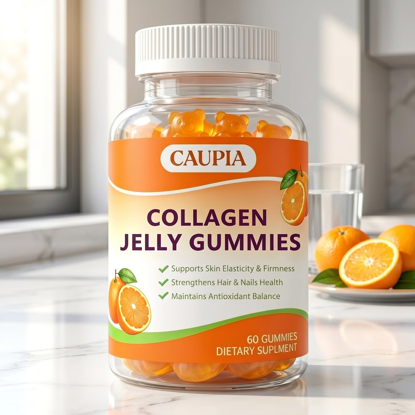 CAUPIA Collagen Jelly Gummies - Hair & Nails with Collagen Peptides, Orange Flavor, 60 Gummies